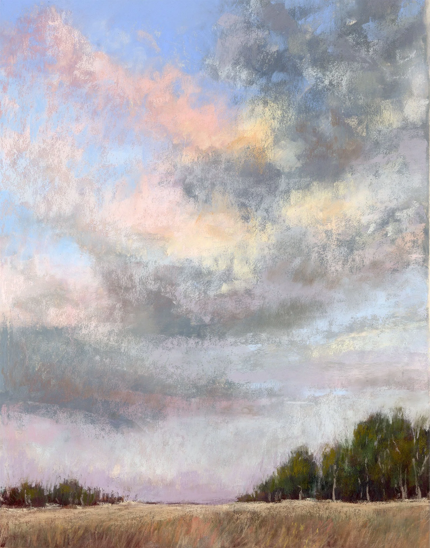Painting of a cloudy sky over a field with trees in the distance.