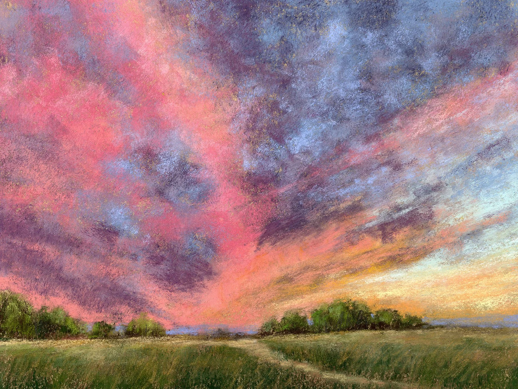 Pastel painting of a colorful sunset sky over green fields and a line of trees in the distance.