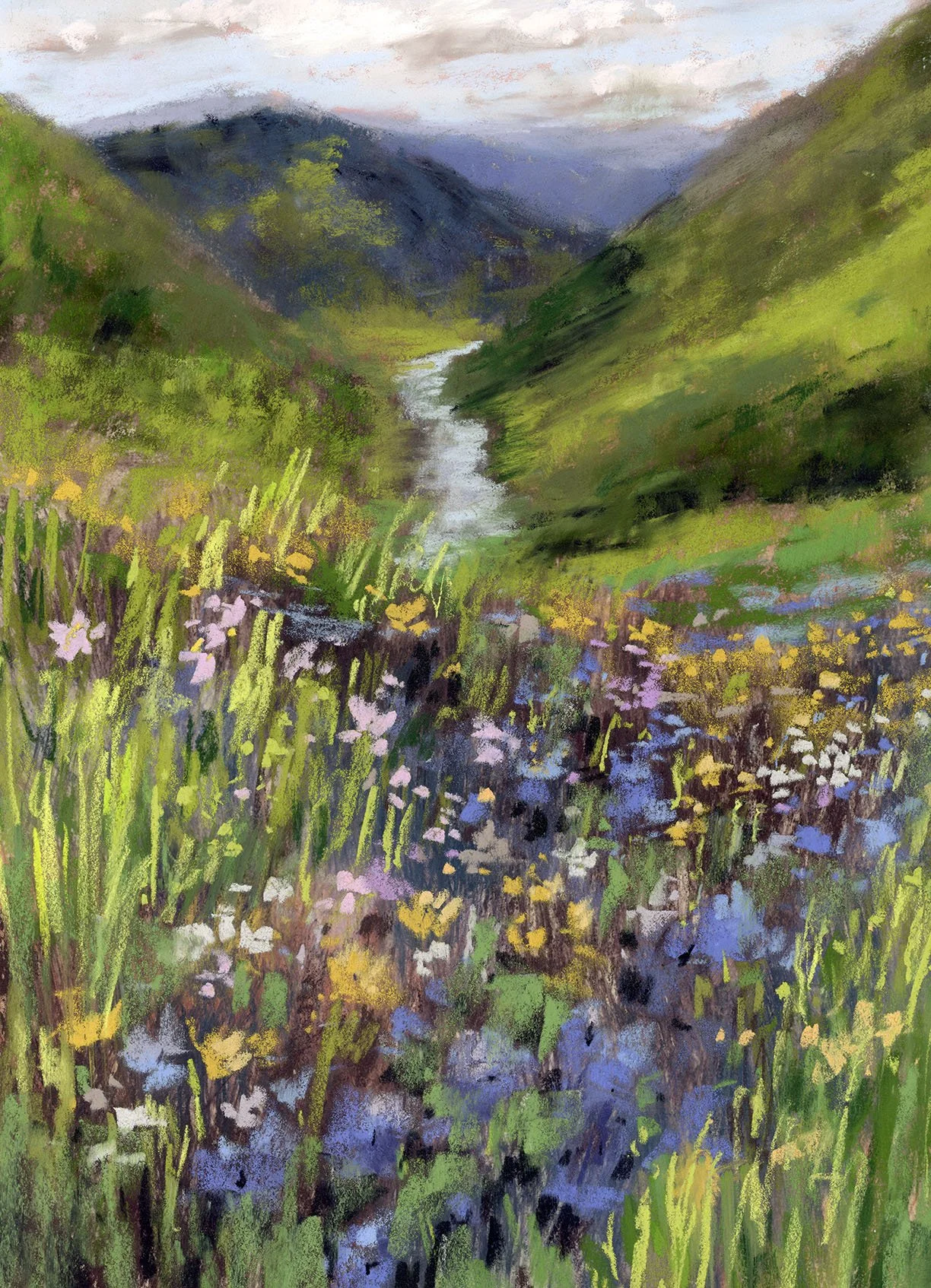 A colorful landscape painting of a mountain valley with green hills, a winding river, and wildflowers in the foreground.