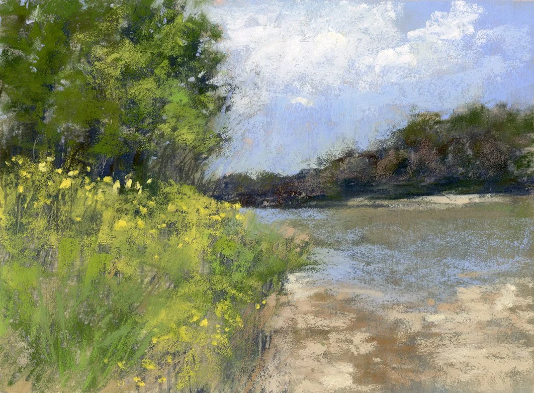 Pastel painting of a riverbank scene with green trees, yellow flowers, and a cloudy sky.