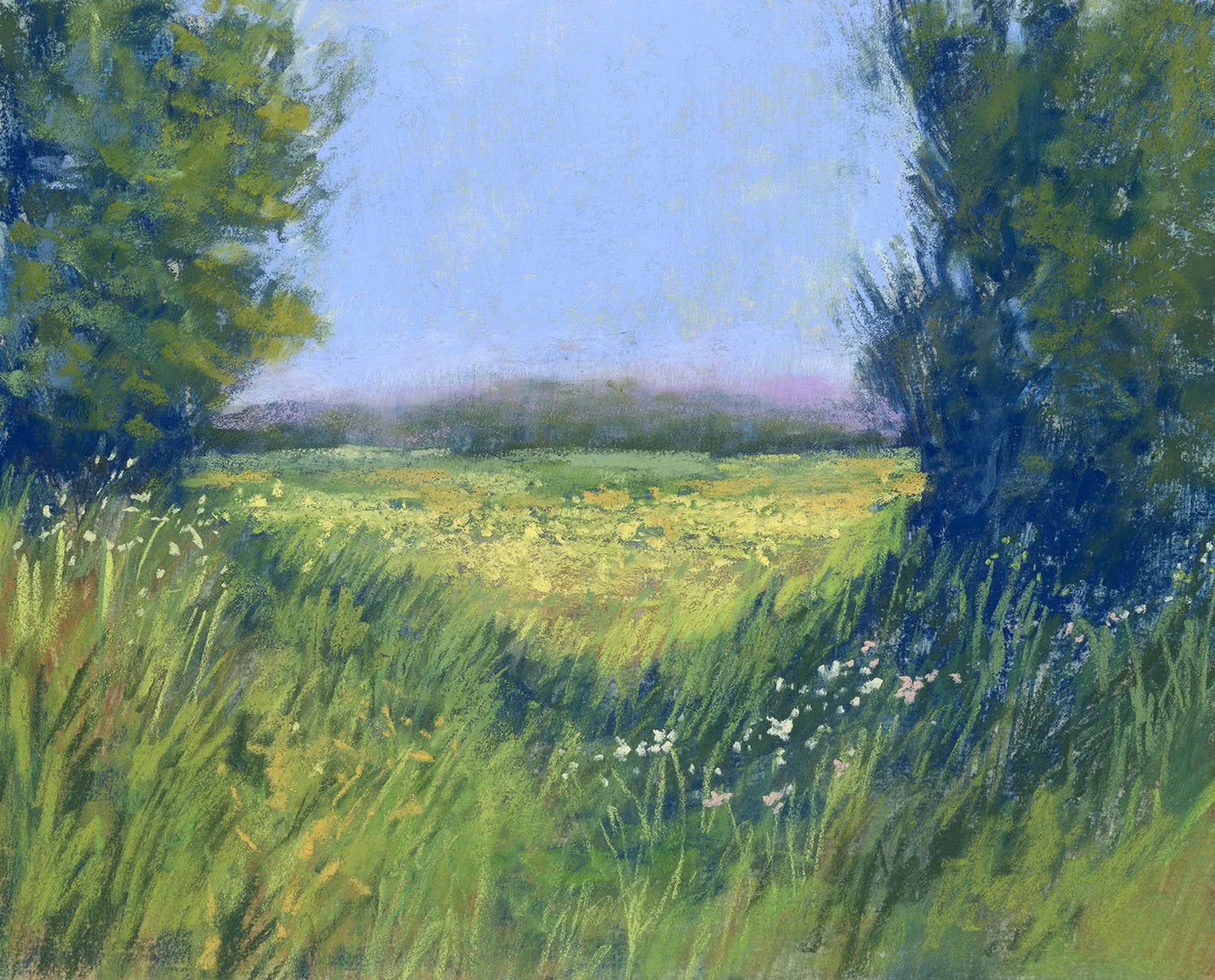 A landscape painting of a grassy field with trees on either side, with a clear blue sky and distant horizon.