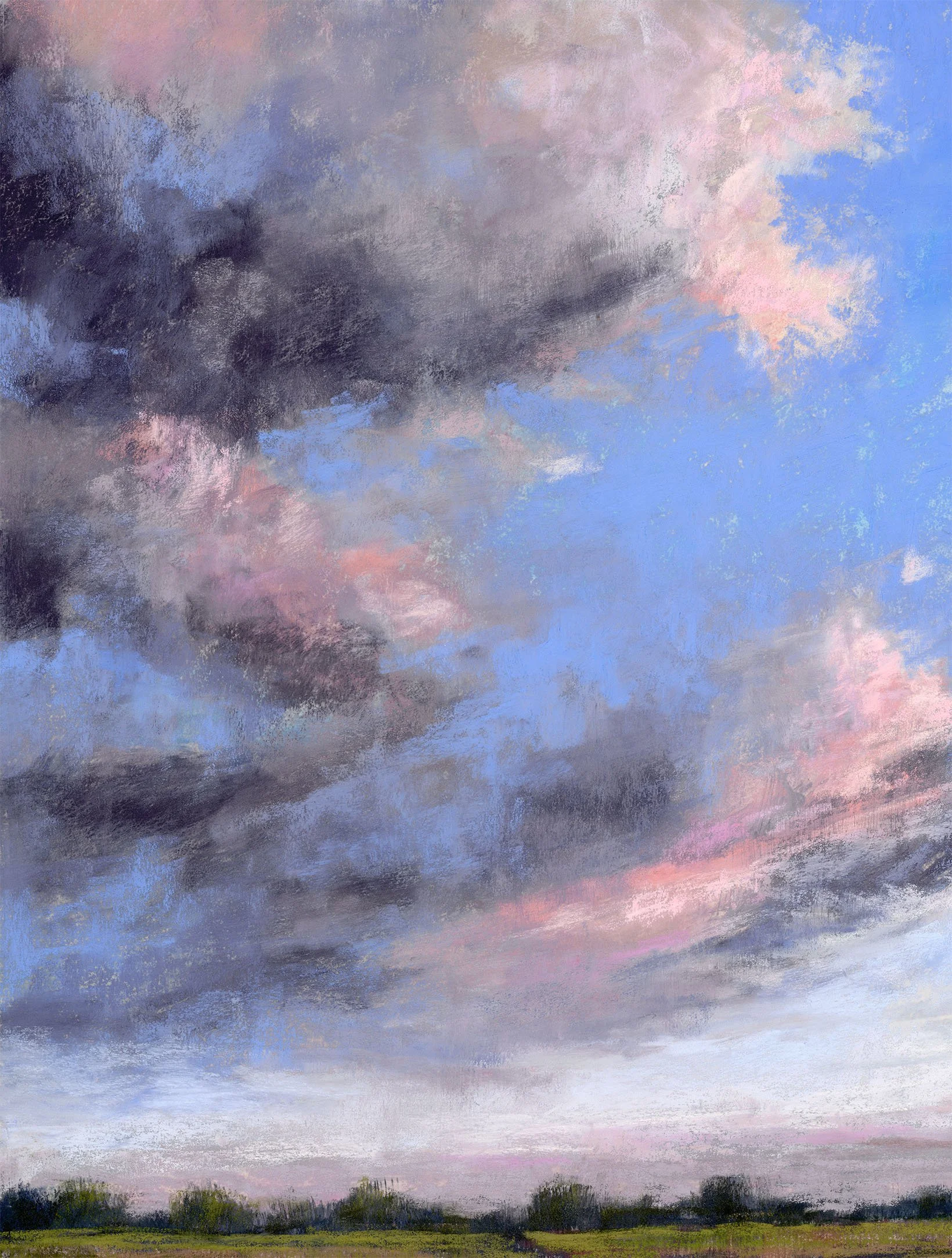 A landscape painting of a cloudy sky with dark storm clouds and patches of pink and blue, with a flat grassy field at the bottom.