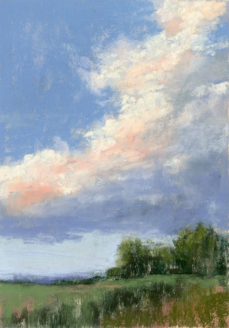 A landscape painting of a partly cloudy sky with pink and white clouds, green trees, and grass below.