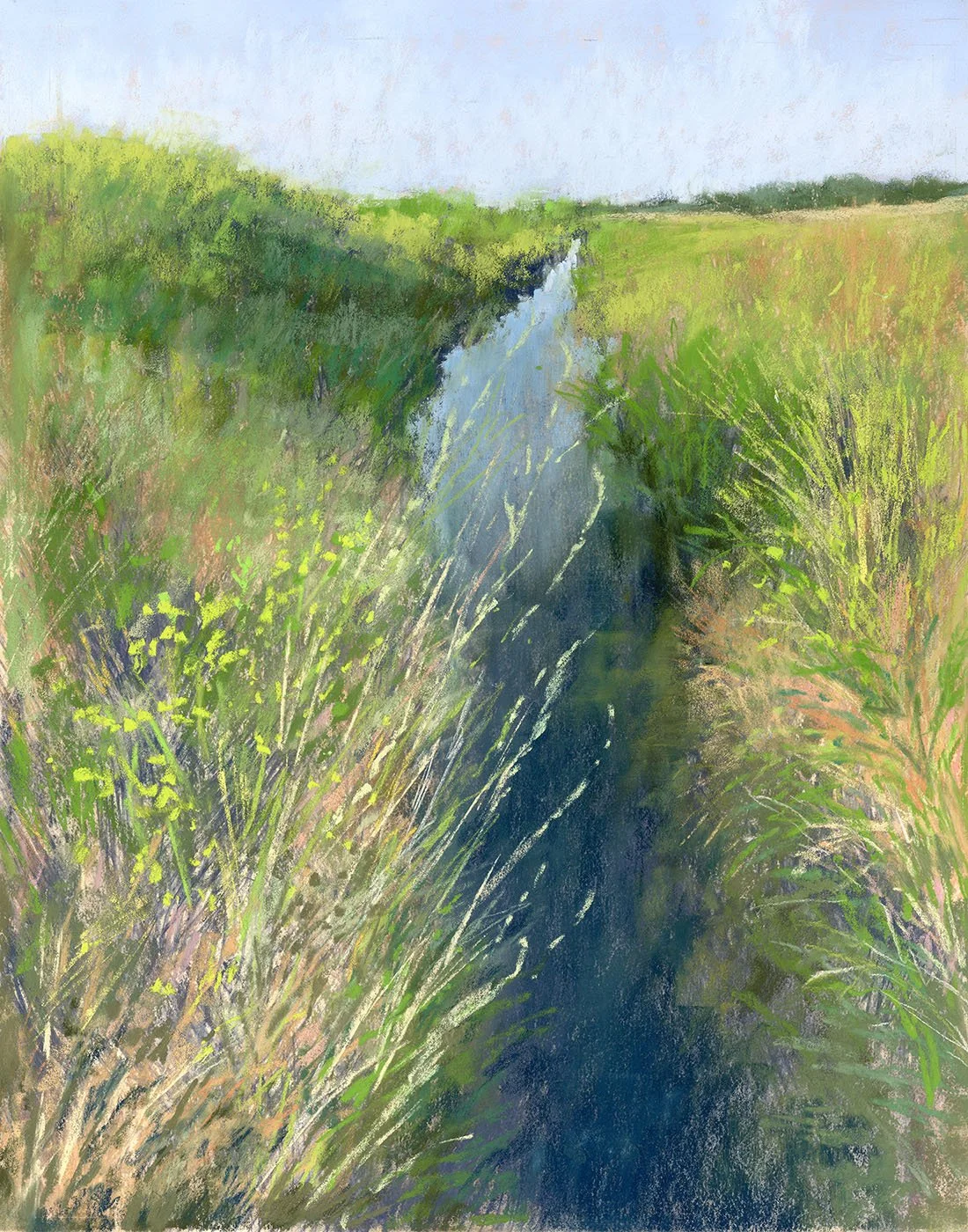 A painting of a narrow waterway surrounded by green grass and shrubs with a blue sky above.