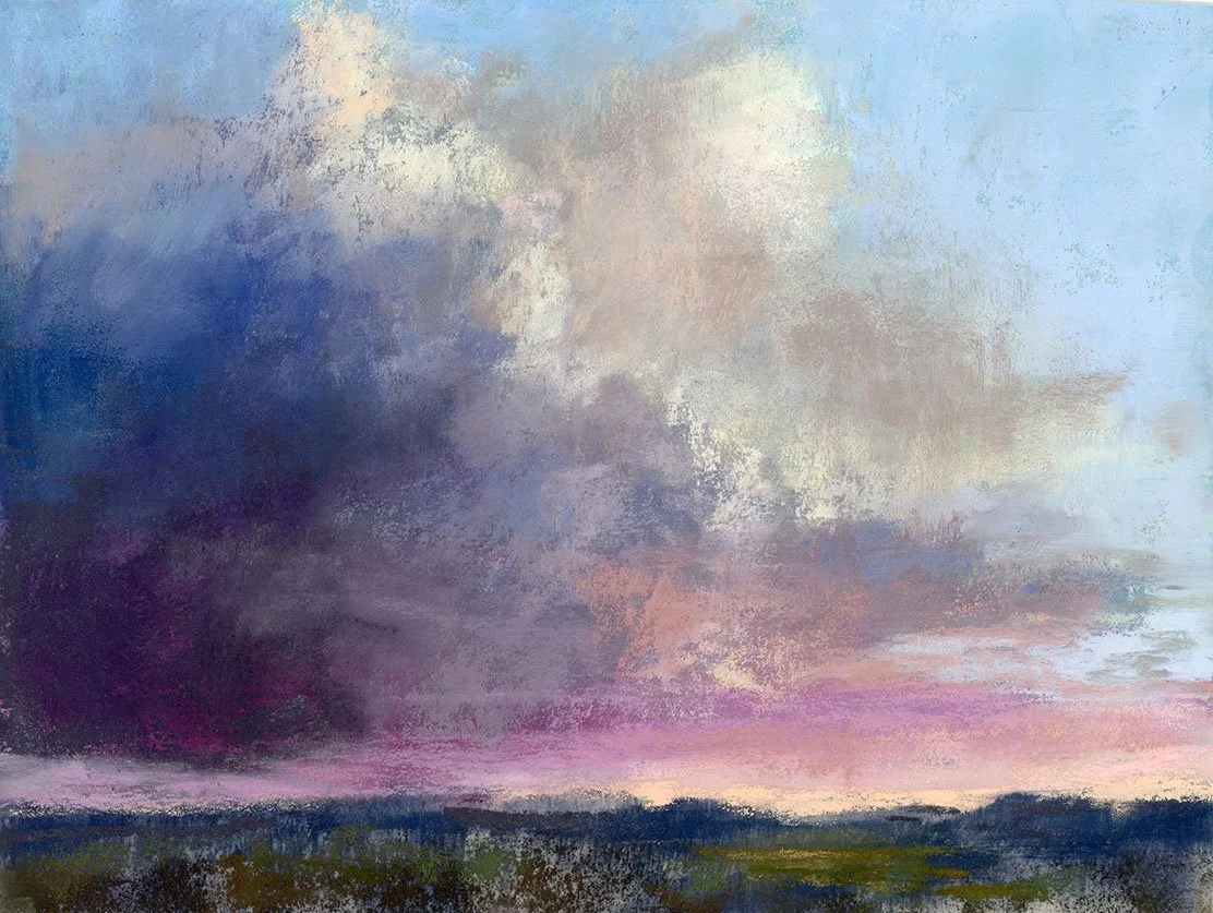 Abstract landscape painting of a sunset with colorful clouds in purple, pink, blue, and yellow over a dark green and brown horizon.