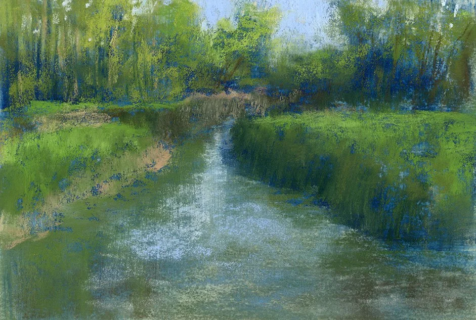 A painting of a peaceful river scene with lush green trees and bushes on either side, and a clear sky above.