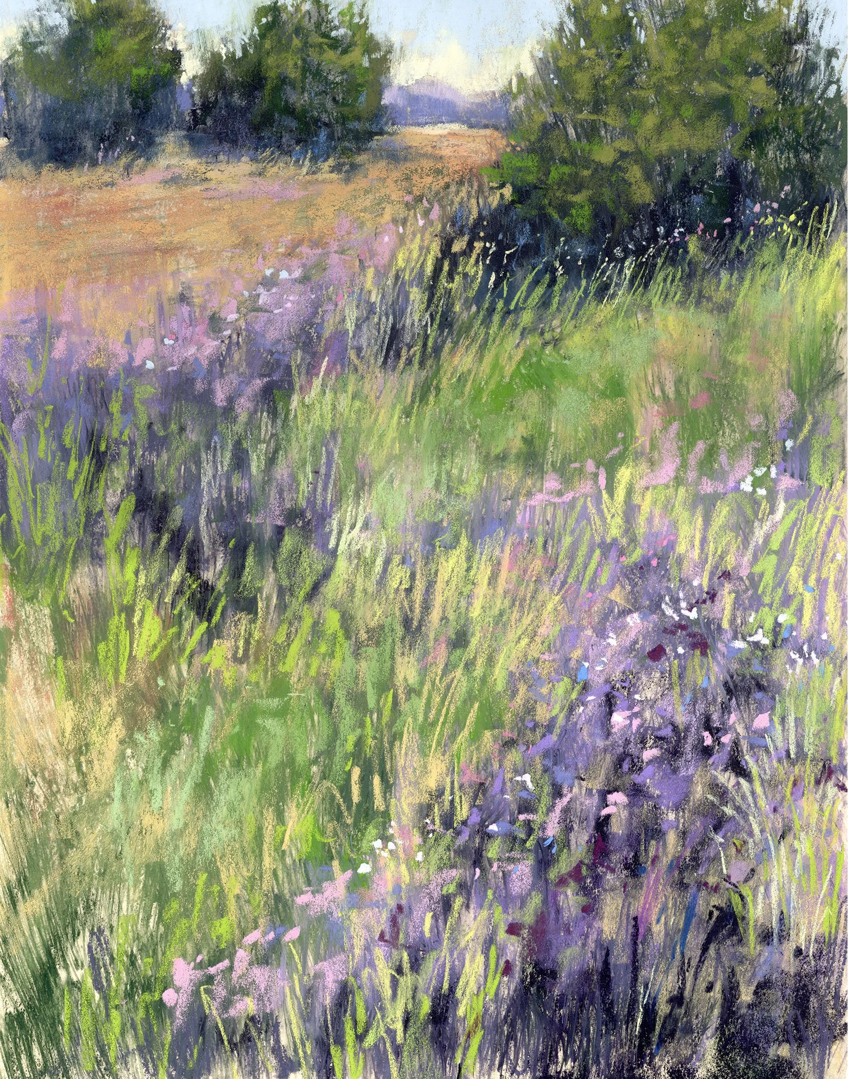 Pastel painting of a wildflower meadow with purple, pink, and white flowers, green grass, and trees in the background under a light sky.
