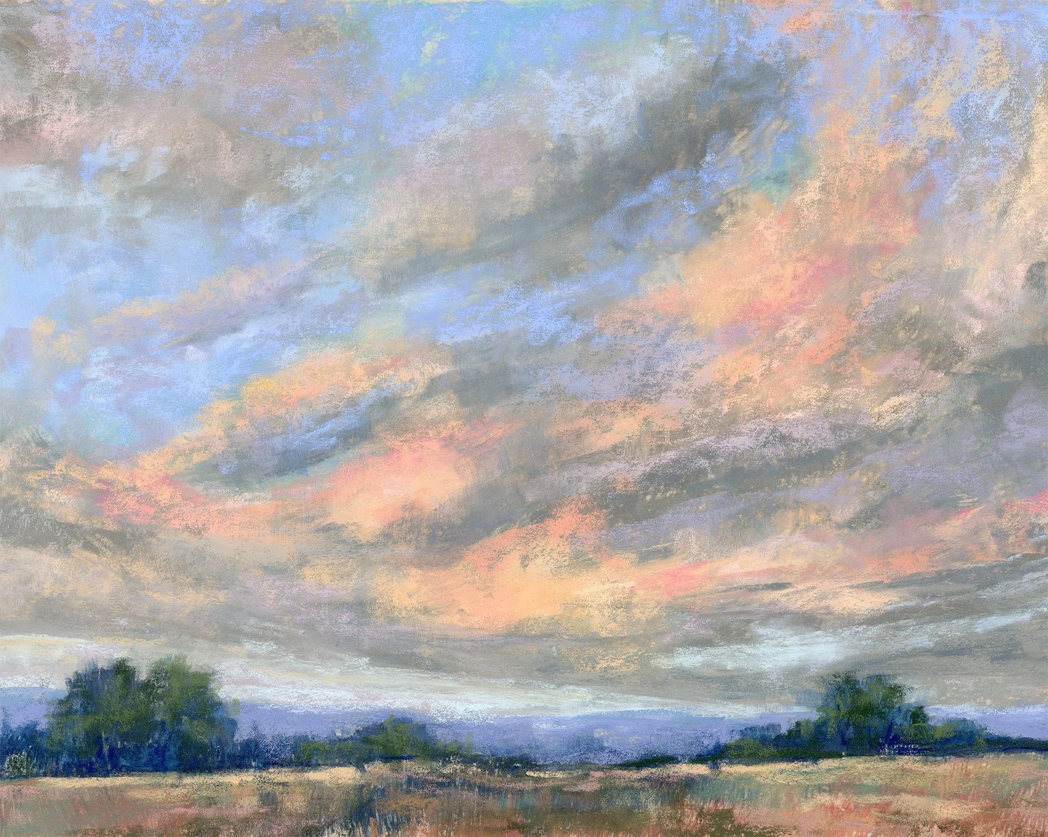 An impressionist painting of a cloudy sky with pastel colors, a flat landscape with trees and grass in the foreground, and distant hills under the colorful sky.