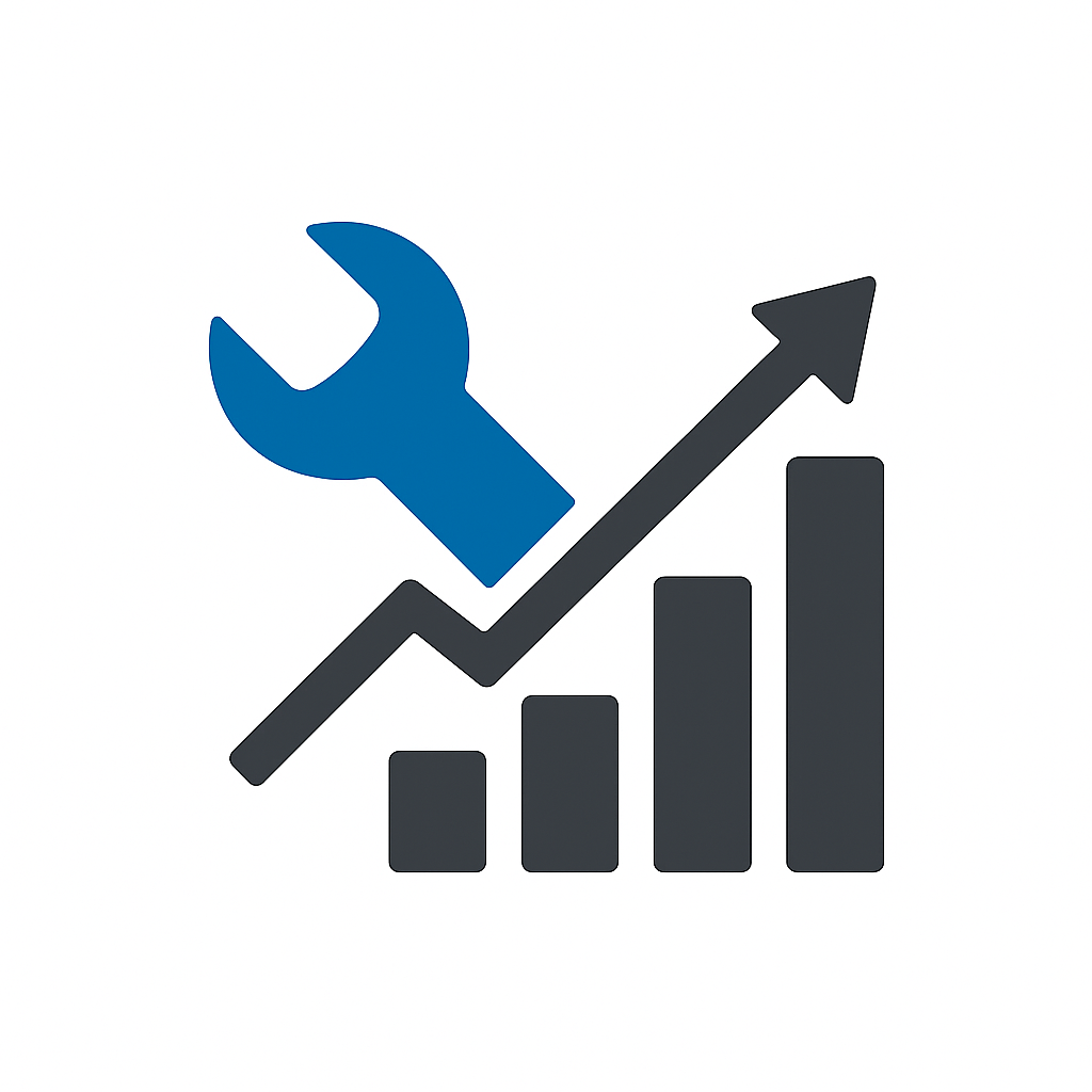 A bar graph showing upward growth with an arrow, overlaid with a blue wrench icon symbolizing maintenance or repair.