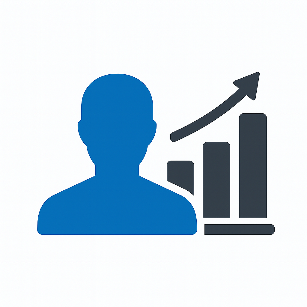 Silhouette of a person in blue with a bar chart and an upward arrow indicating growth or success.