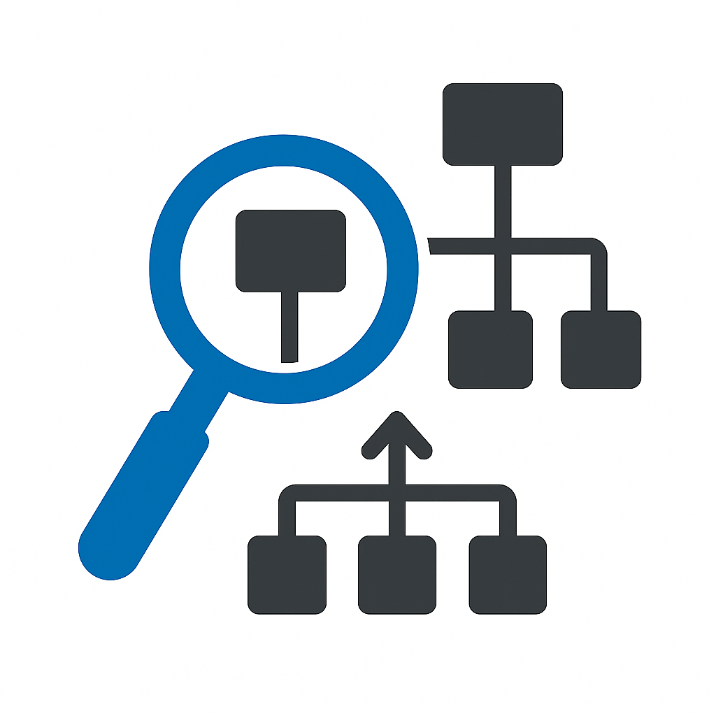 A diagram depicting a hierarchical structure with interconnected boxes, a magnifying glass highlighting one box, symbolizing analysis or investigation of organizational or data structures.