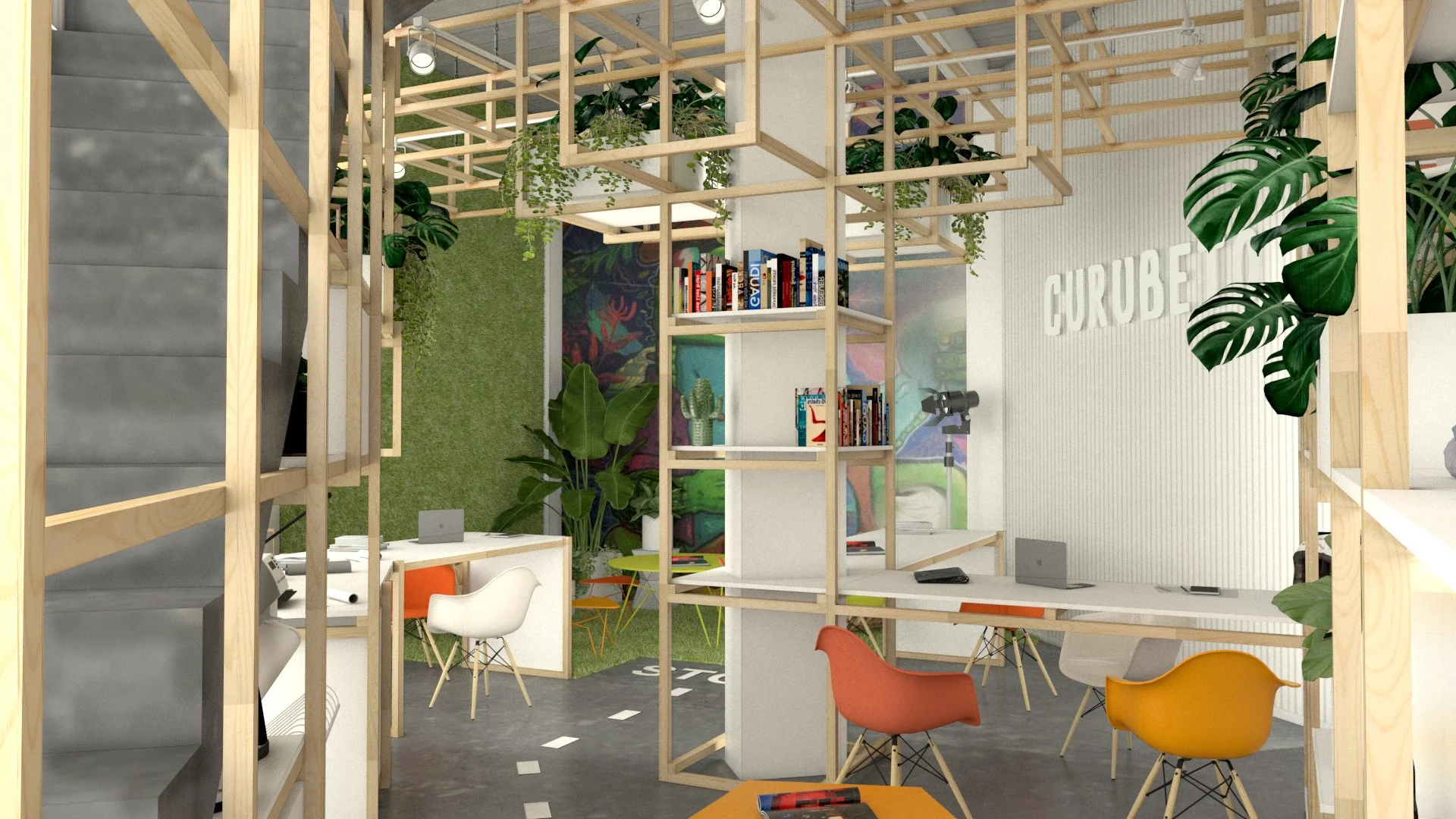Espacio de oficina moderna y creativa decorada con plantas, estanterías de madera, escritorios con computadoras, sillas de colores y una pared con arte grafiti y letras en relieve que dicen 'CURUBE'.