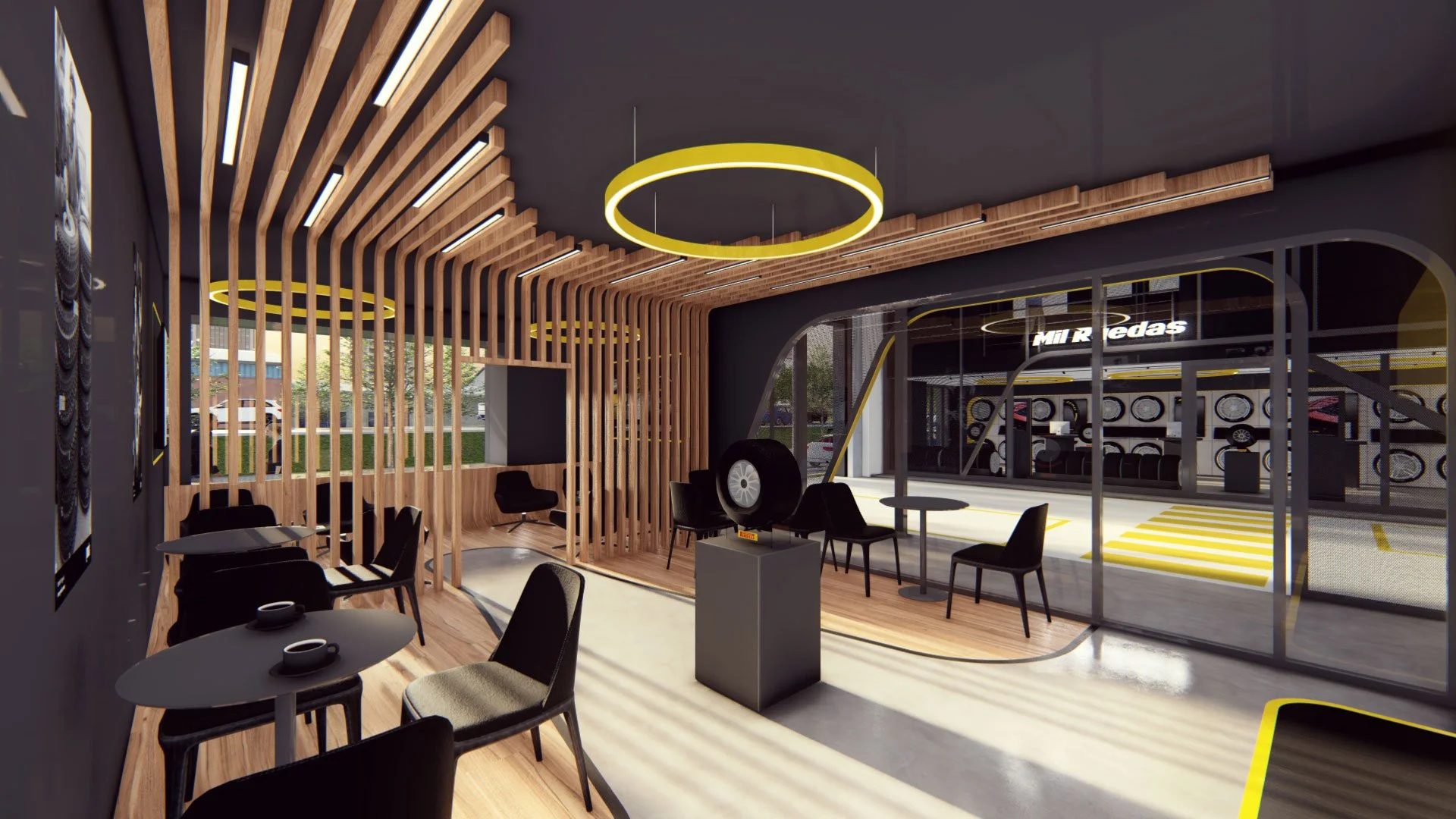 Interior de una sala de exposición de neumáticos con mobiliario moderno y decoración en madera y negro.