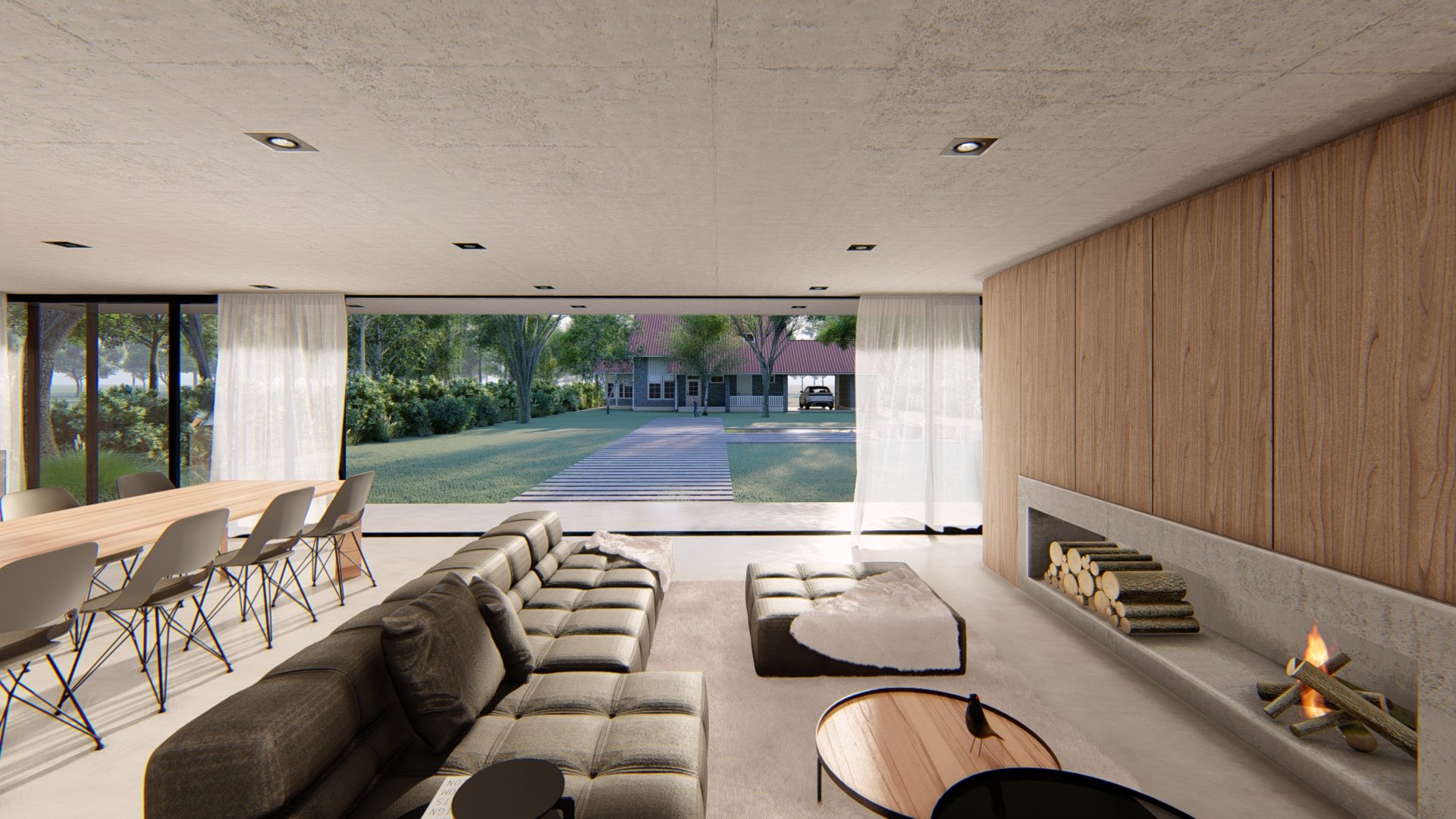 Salón moderno con mesa, sillas blancas, sillones, chimenea con leña y vista hacia un jardín con árboles y una casa en el fondo.