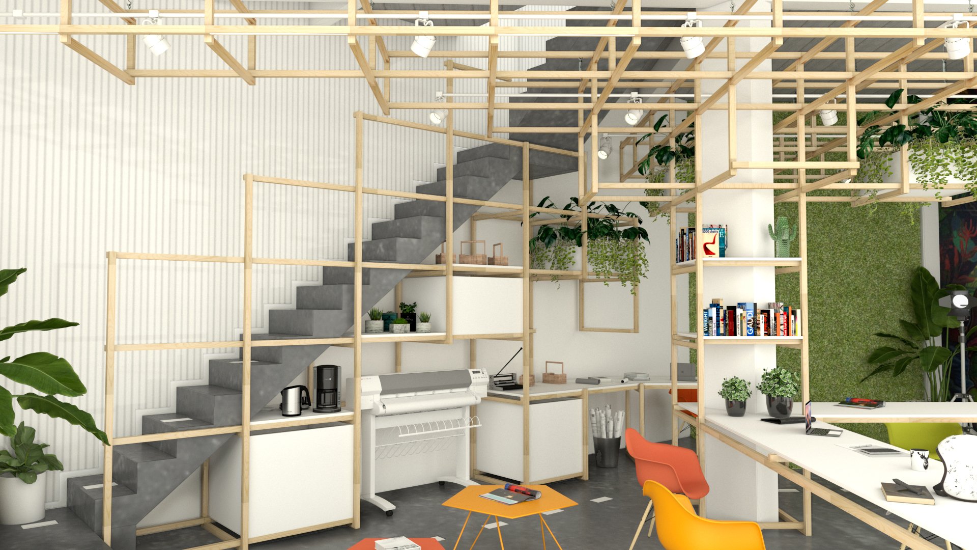 Espacio de oficina moderna con escaleras de cemento, estanterías de madera, plantas y muebles coloridos.