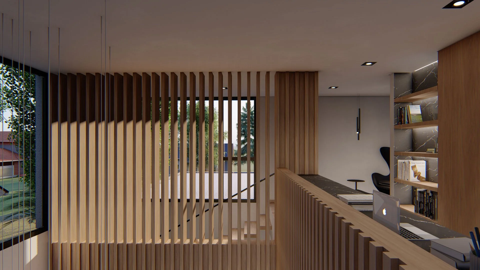 Interior de una casa moderna con paredes de madera, estanterías, sillón negro, mesa, y áreas de trabajo con una laptop, con ventanas que muestran árboles y casas en el exterior.
