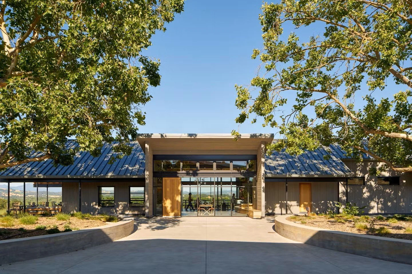 Modern building with glass entrance and metal roof, surrounded by green trees and landscaping, under a blue sky.