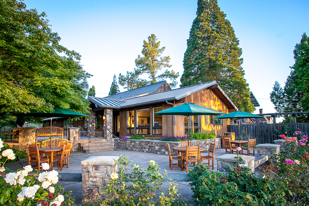 A cozy house with a wood exterior, surrounded by a lush garden with roses, and outdoor seating with umbrellas on a stone patio.