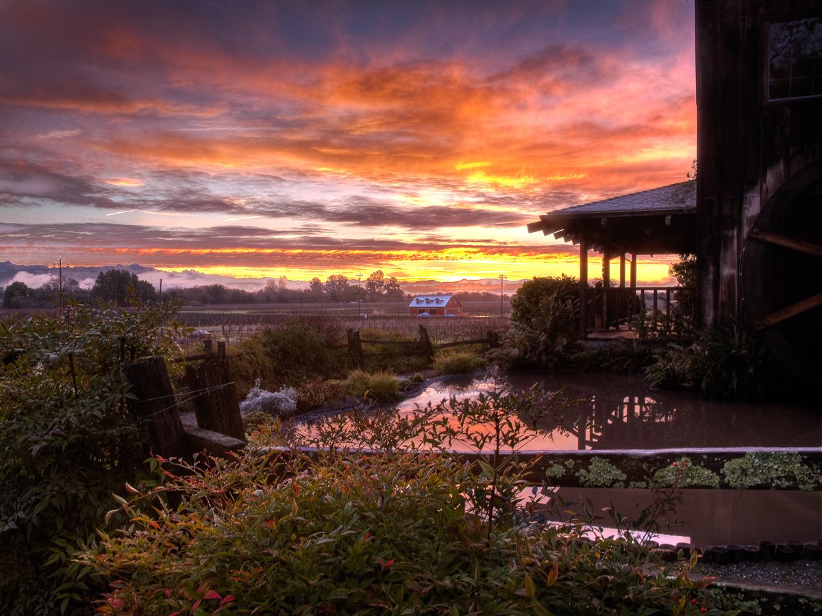 Sunset sky with orange, pink, and purple clouds over a rural farm scene, with a small pond and the Mill Creek tasting room in the foreground.