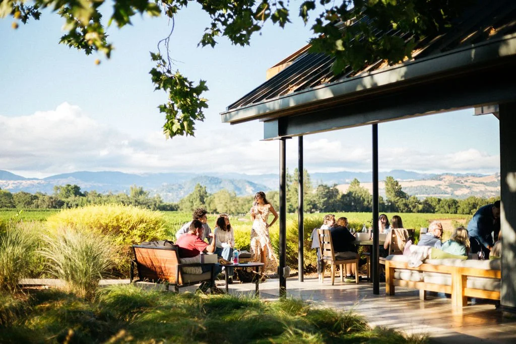 A group of people enjoying a meal outdoors on a patio with a scenic landscape of trees and mountains in the background, under a partly cloudy sky.