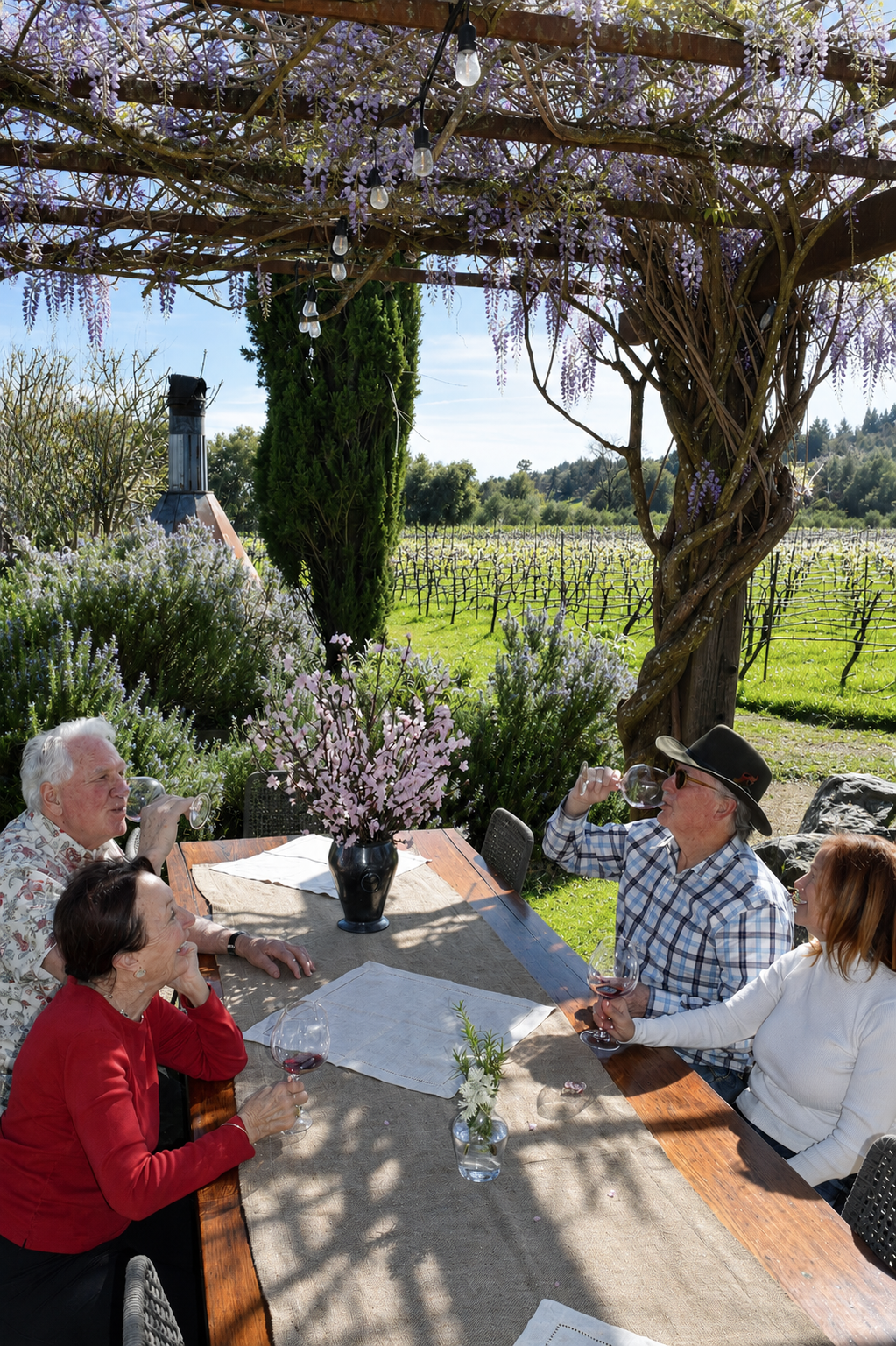 Five elderly people sitting at a wooden table outdoors, drinking wine on a sunny day under a pergola with purple wisteria flowers, overlooking a vineyard.