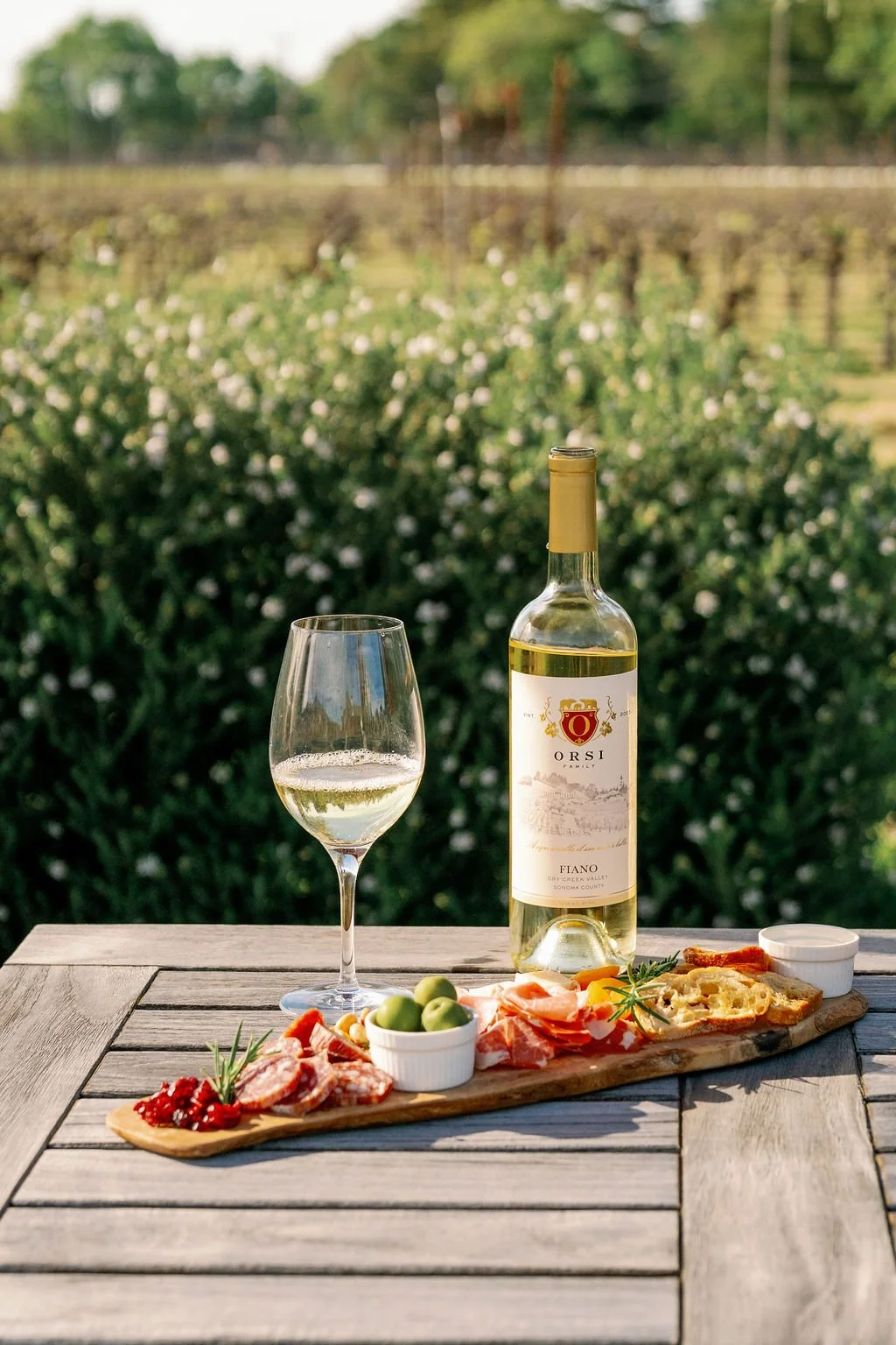A wine glass with white wine, a bottle of white wine, a charcuterie board with meats, olives, bread, and small bowls of toppings, set on a wooden table outdoors with a vineyard in the background.