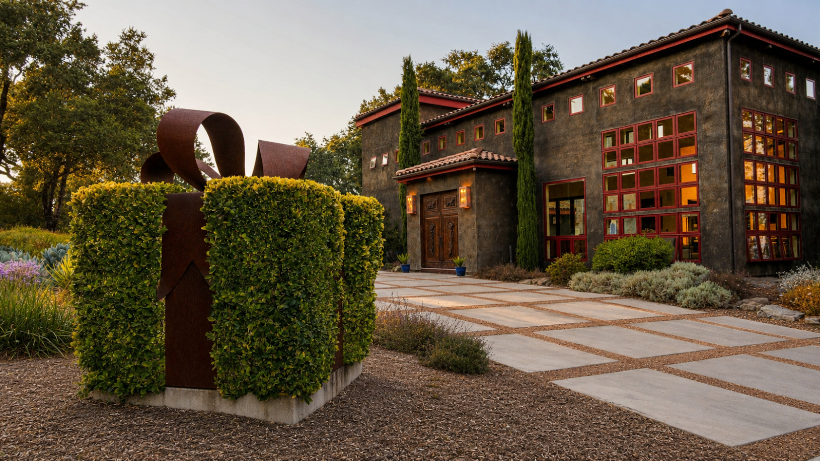 The exterior of Gracianna Winery with large red-framed windows, tall cypress trees and a stone path leading to the entrance, with a rust-colored metal sculpture in the foreground surrounded by greenery and plants.
