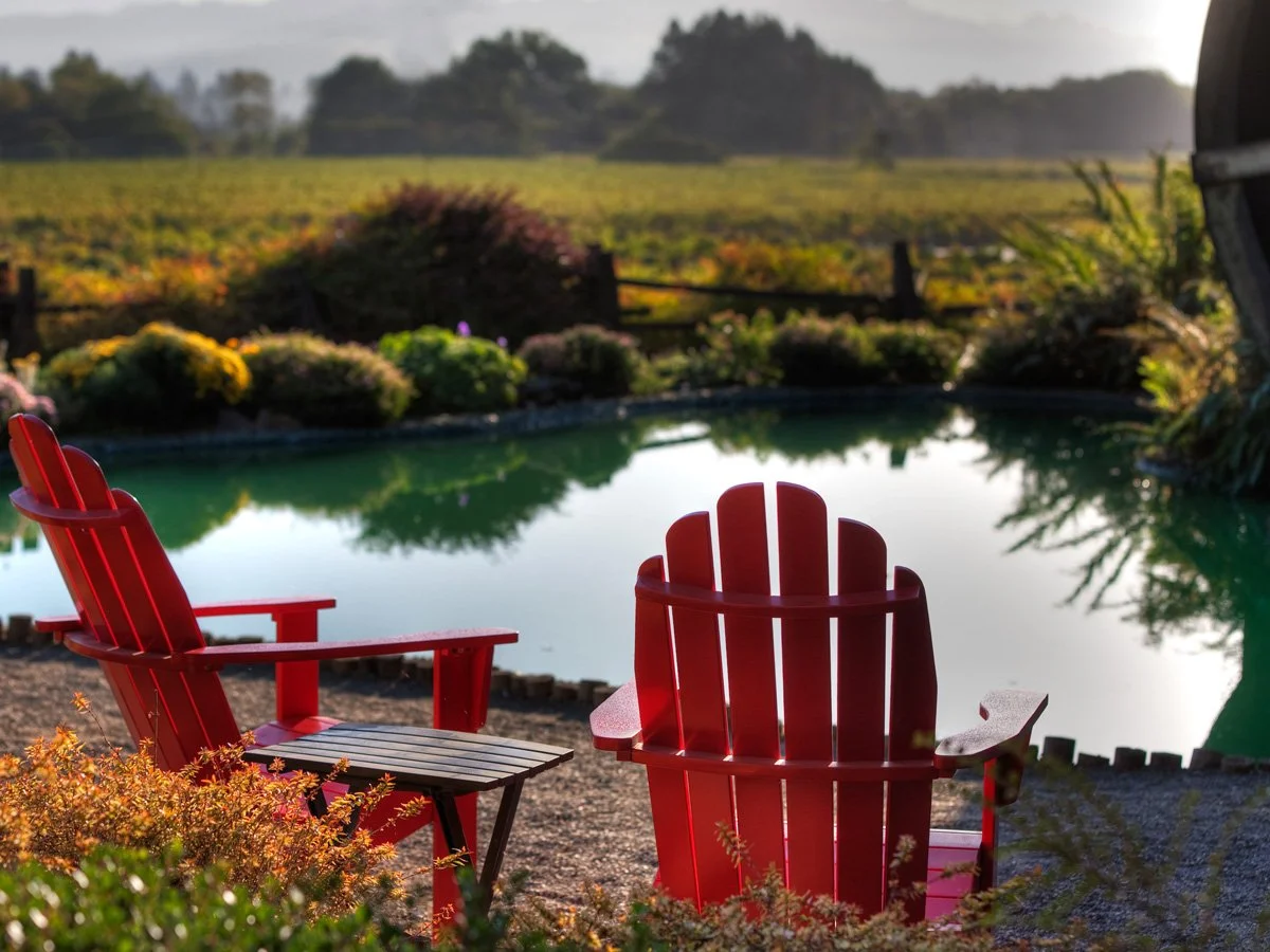 Two red Adirondack chairs facing a small pond in a garden with surrounding flower beds, trees, and a landscape of open fields in the background.