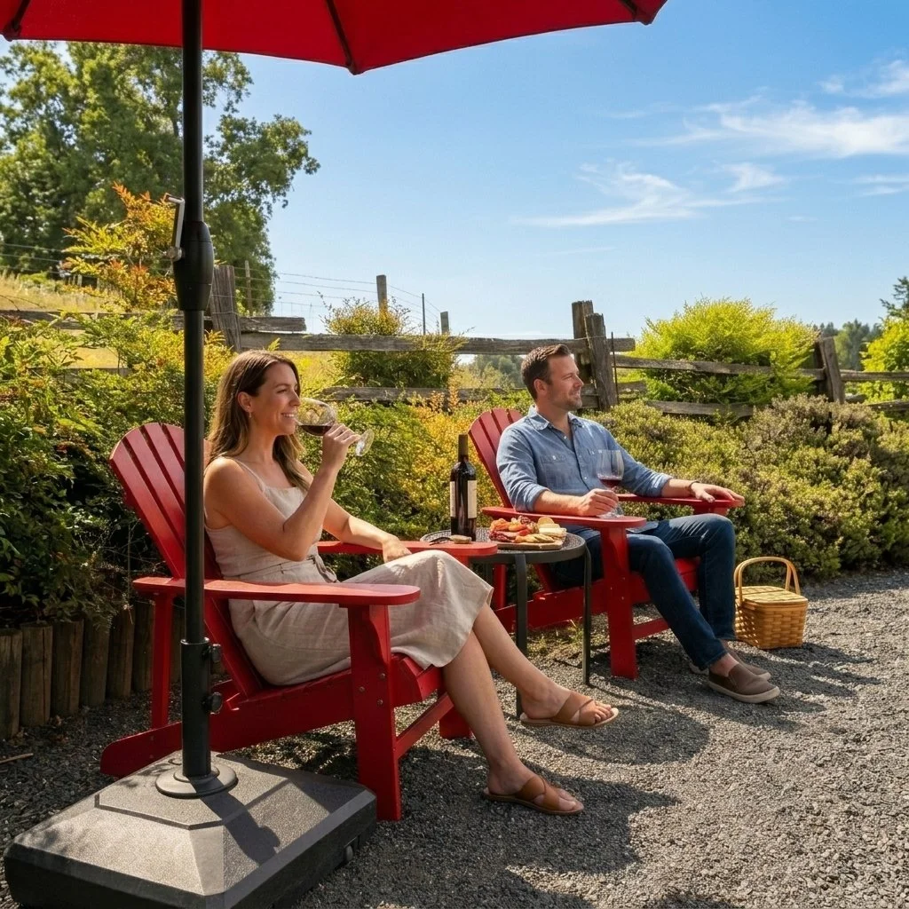 A woman and a man sitting on red Adirondack chairs outside under a large red umbrella, enjoying wine on a sunny day. The woman is drinking wine and the man is holding a glass of wine, with a plate of food and a bottle on a small black table between t
