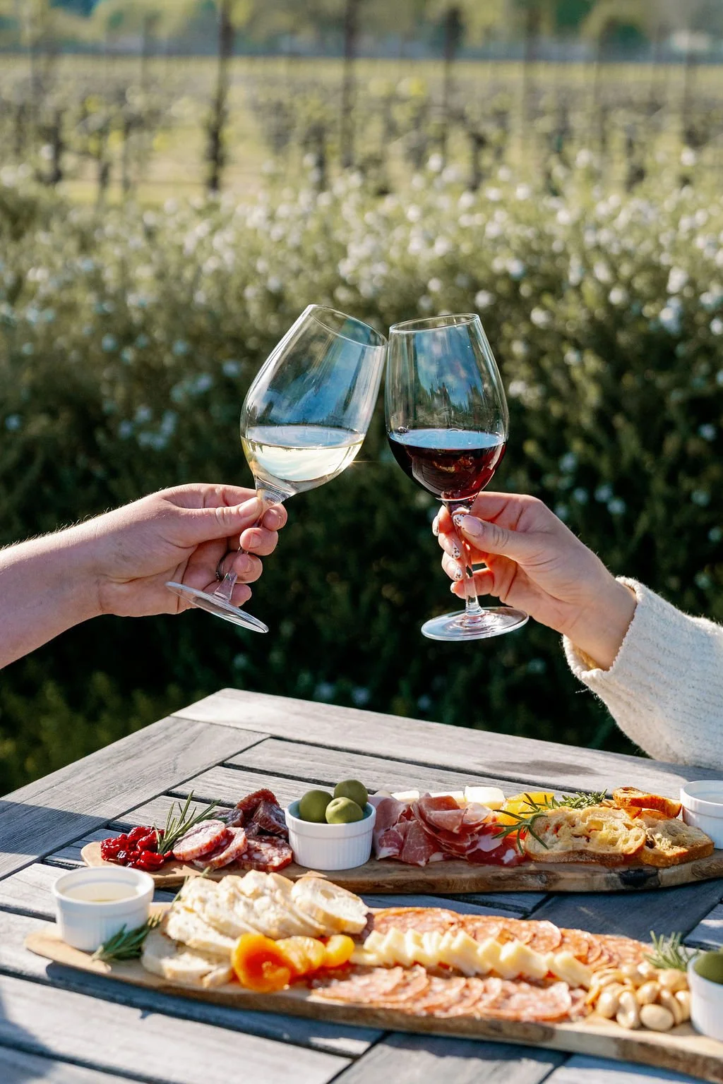 Two people clink wine glasses, one with white wine and the other with red wine, over a picnic table with charcuterie and cheese, outdoors in a vineyard.