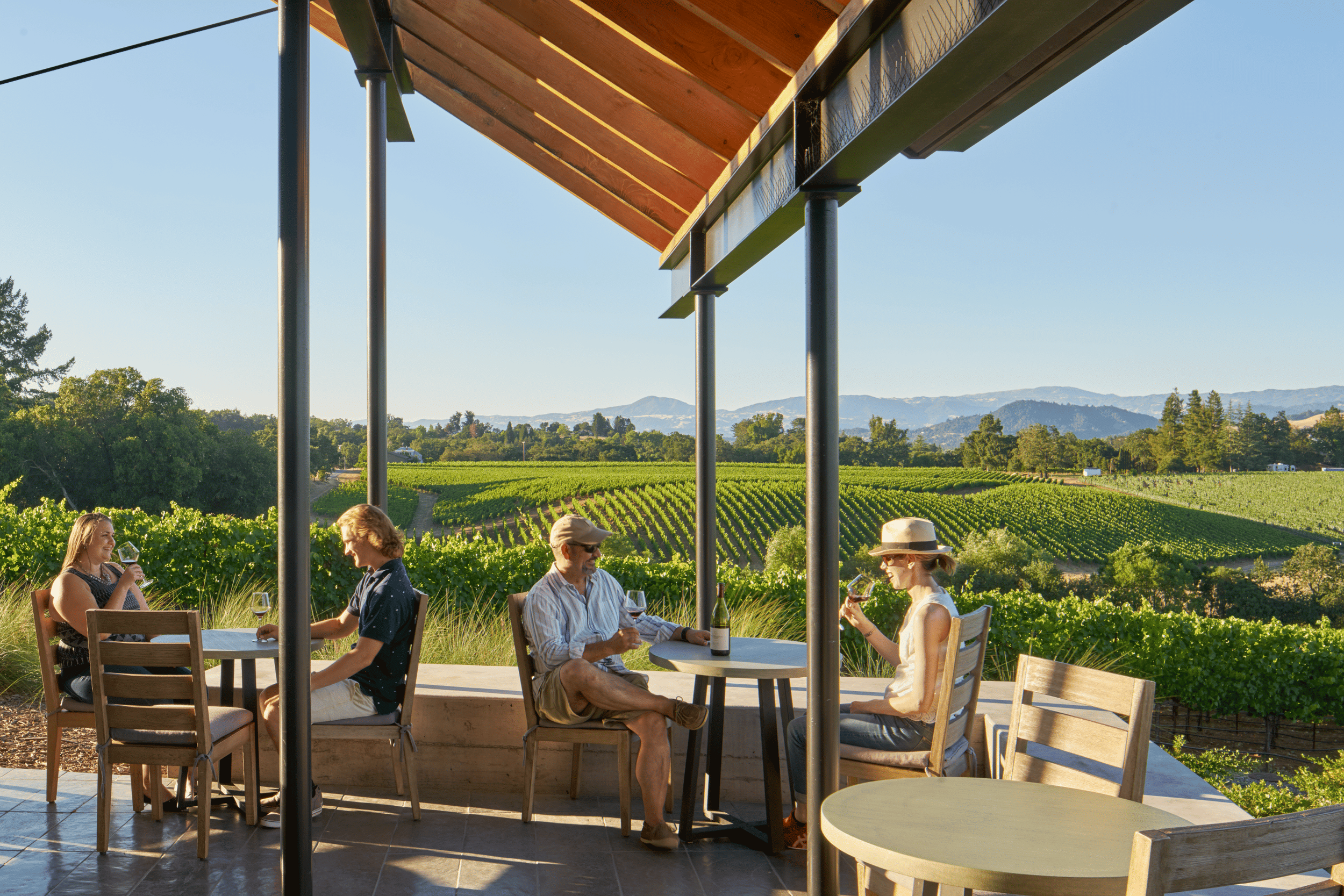 People dining outdoors at a vineyard restaurant with tables, chairs, and wine, surrounded by lush grapevines and mountains in the background.