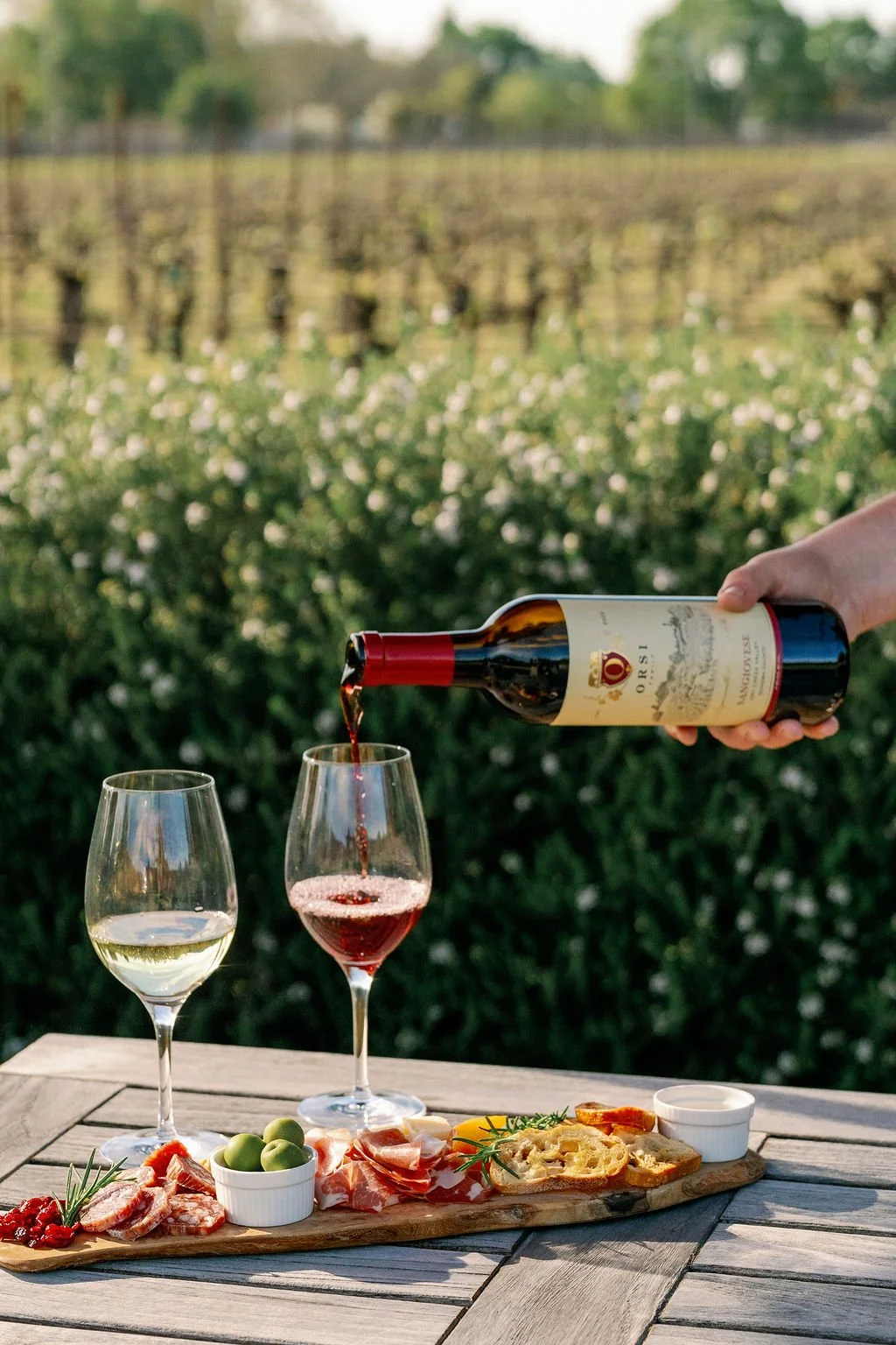 Person pouring red wine into a glass set on an outdoor table with a charcuterie board, cheese, grapes, and bread in front of a vineyard background.