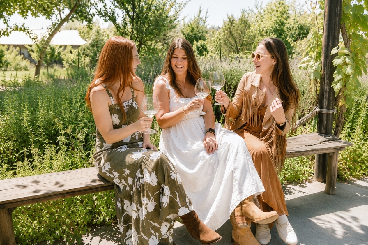 Three women sitting on a wooden bench outdoors, smiling and clinking wine glasses in a garden with trees and plants.