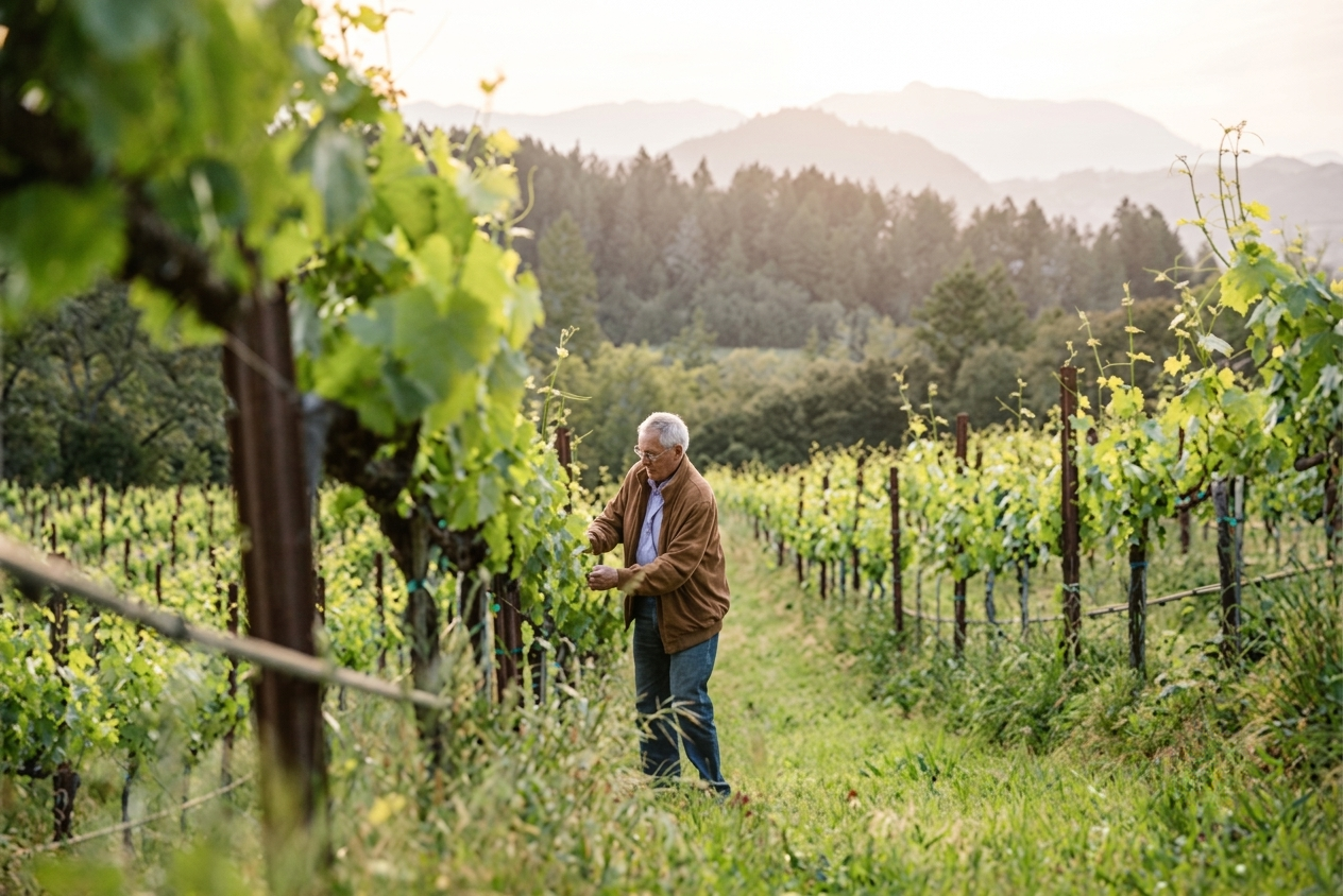 An elderly man wearing a brown jacket and jeans working in a vineyard during the daytime, surrounded by rows of green grapevines with mountains in the background.