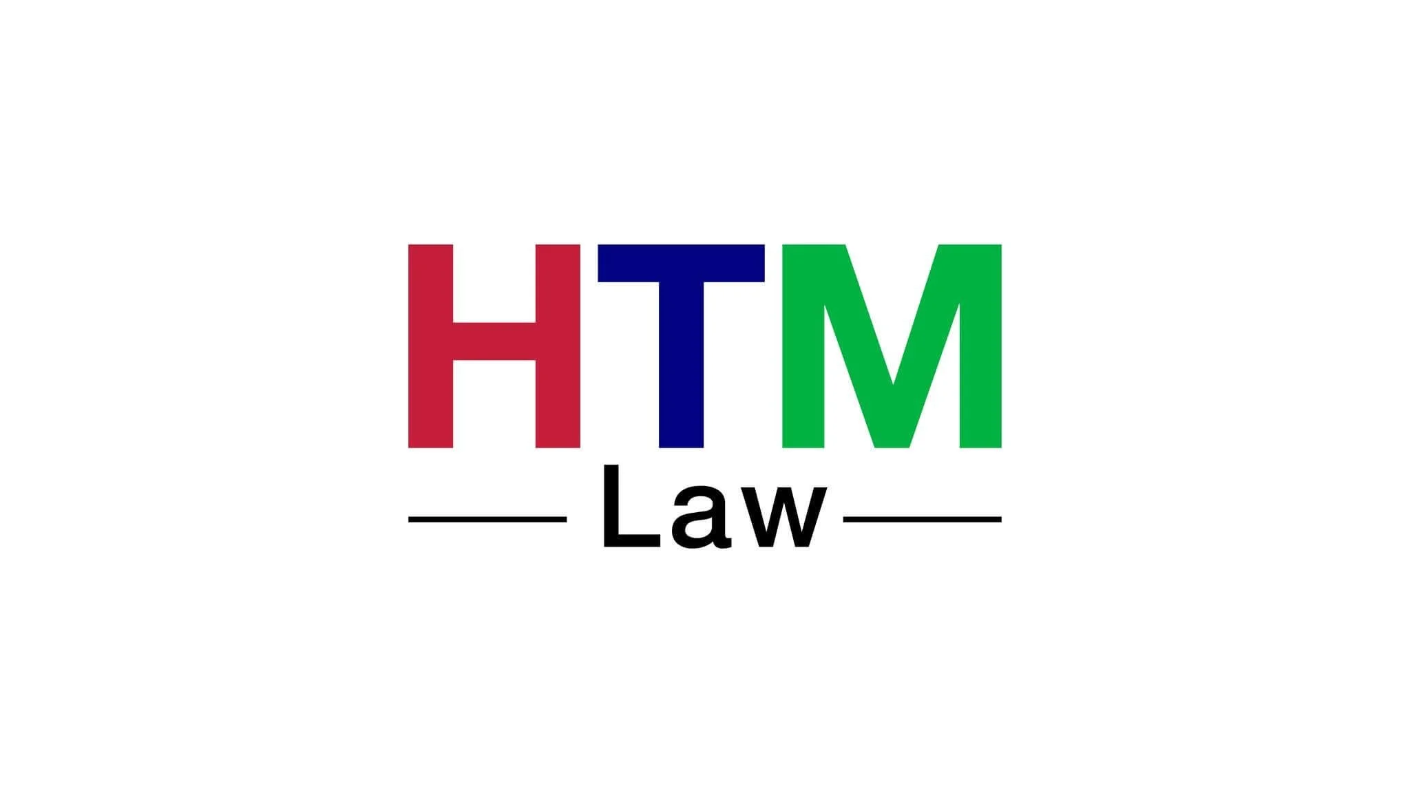 Logotipo con las letras H, T, M en colores rojo, azul y verde, y la palabra 'Law' en negro debajo, con líneas horizontales a ambos lados.