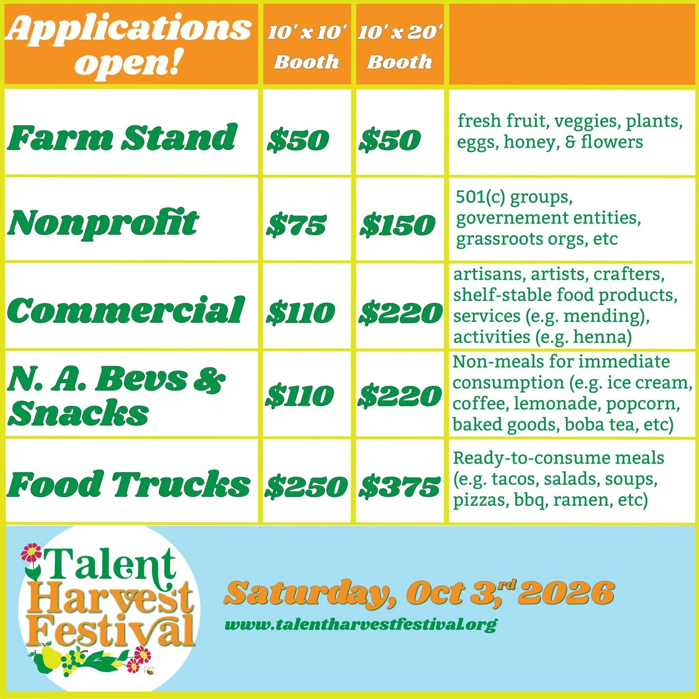 🍁 Exciting news - the 2026 Talent Harvest Festival vendor application is now open! 

Vendor Application Deadline: Friday, August 7th, 2026

Last year over 10,000 people attended this historic event. We anticipate 2026 to be another record-breaking y