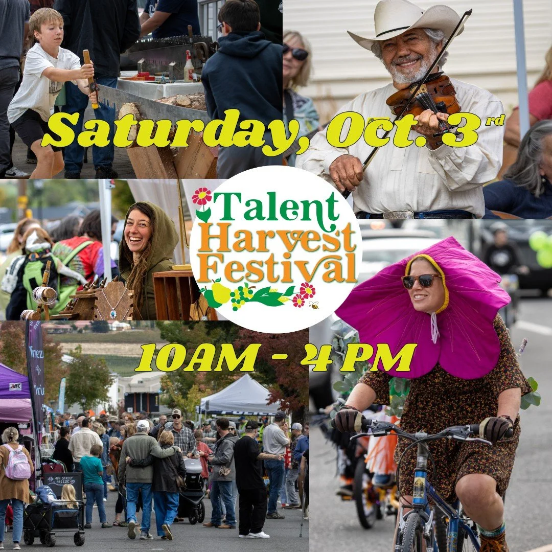 October 3 is the date. Downtown Talent is the place. 🍎

The 2026 Talent Harvest Festival is FREE, all ages, and filling up all of downtown &mdash; live music, 200+ vendors, cider press, Wheely Fun Parade, and so much more.

10am&ndash;4pm. See you t