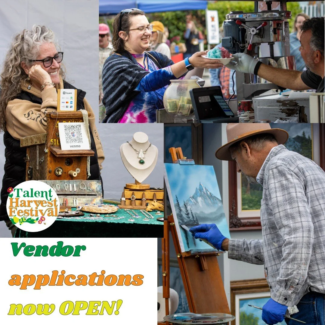 Vendors &mdash; this is your moment. 🌽🎨 Applications are open for the 2026 Talent Harvest Festival! 200+ spots, 10,000+ guests, and the heart of downtown Talent as your stage. Farm stands, artists, makers, crafters &mdash; all welcome. Deadline: Au