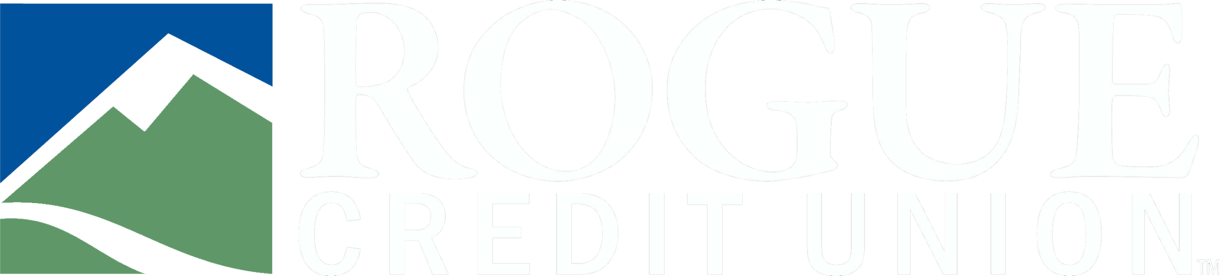 Logo of Rogue Credit Union featuring stylized mountain and road design with the words 'Rogue Credit Union' in bold white text.