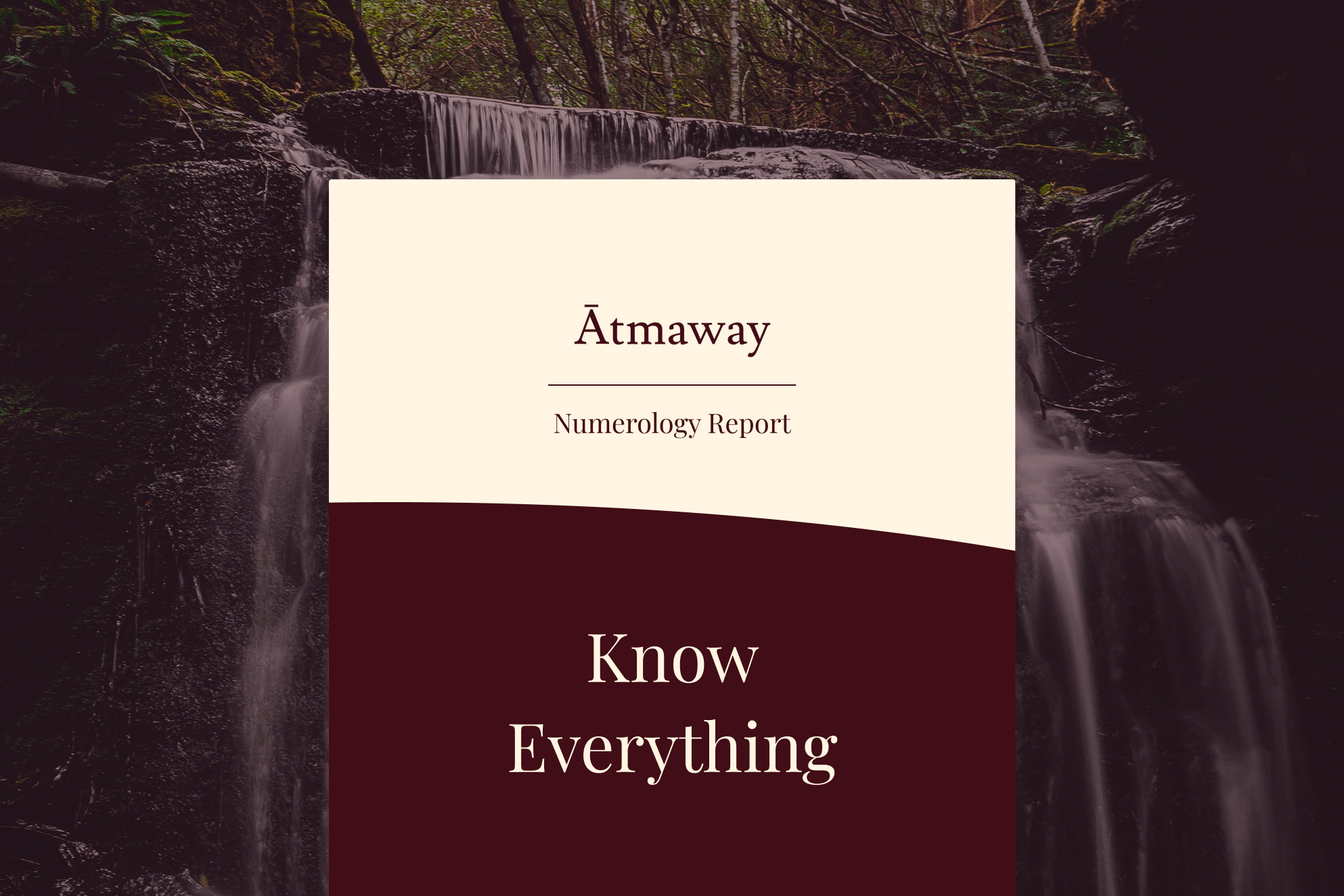 A cover page of a numerology report titled 'Ātmaway' with the subtitle 'Know Everything,' over a background of a waterfall in a forest.