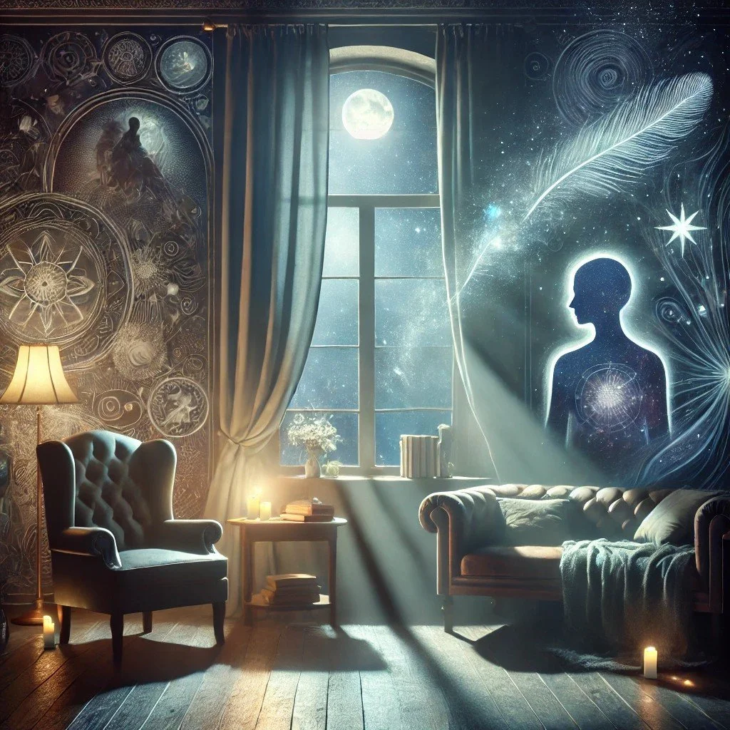 Original Medicine - A cozy living room at night illuminated by a floor lamp and candlelight, with a large window showing the moon and stars outside.