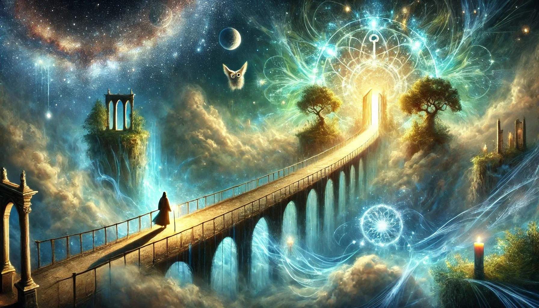 Original Medicine - A fantasy scene depicting a person walking on a bridge through a magical sky filled with stars, planets, and glowing, intricate patterns.