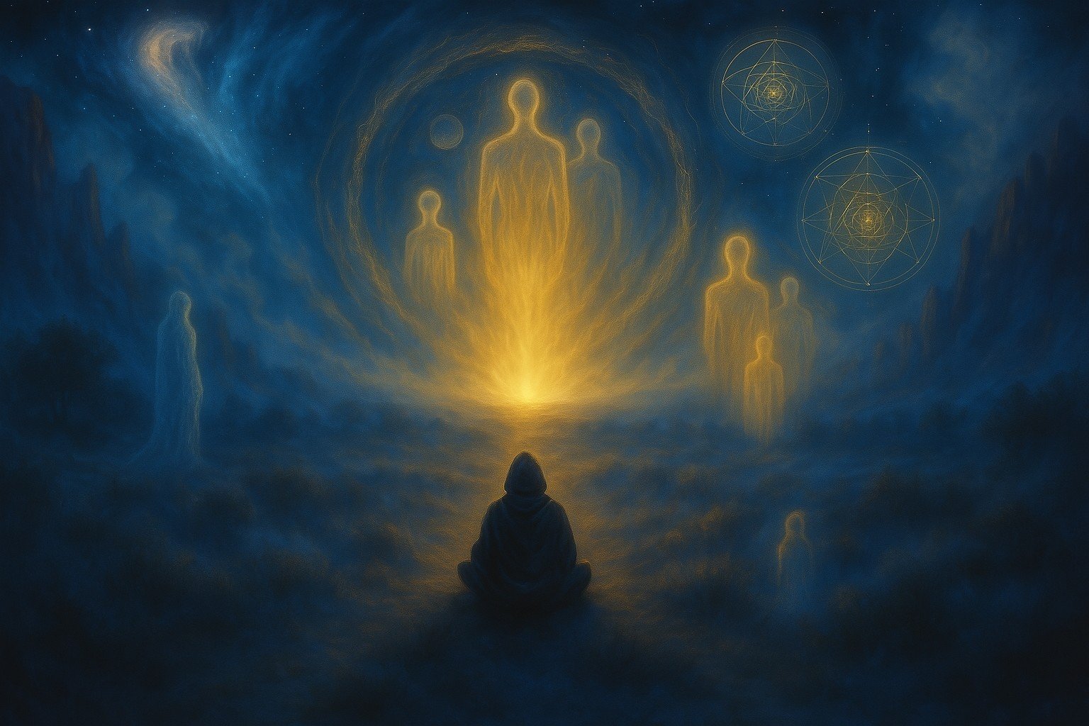 Original Medicine - A person meditating in front of glowing, translucent human silhouettes and geometric symbols in a mystical, cosmic setting.