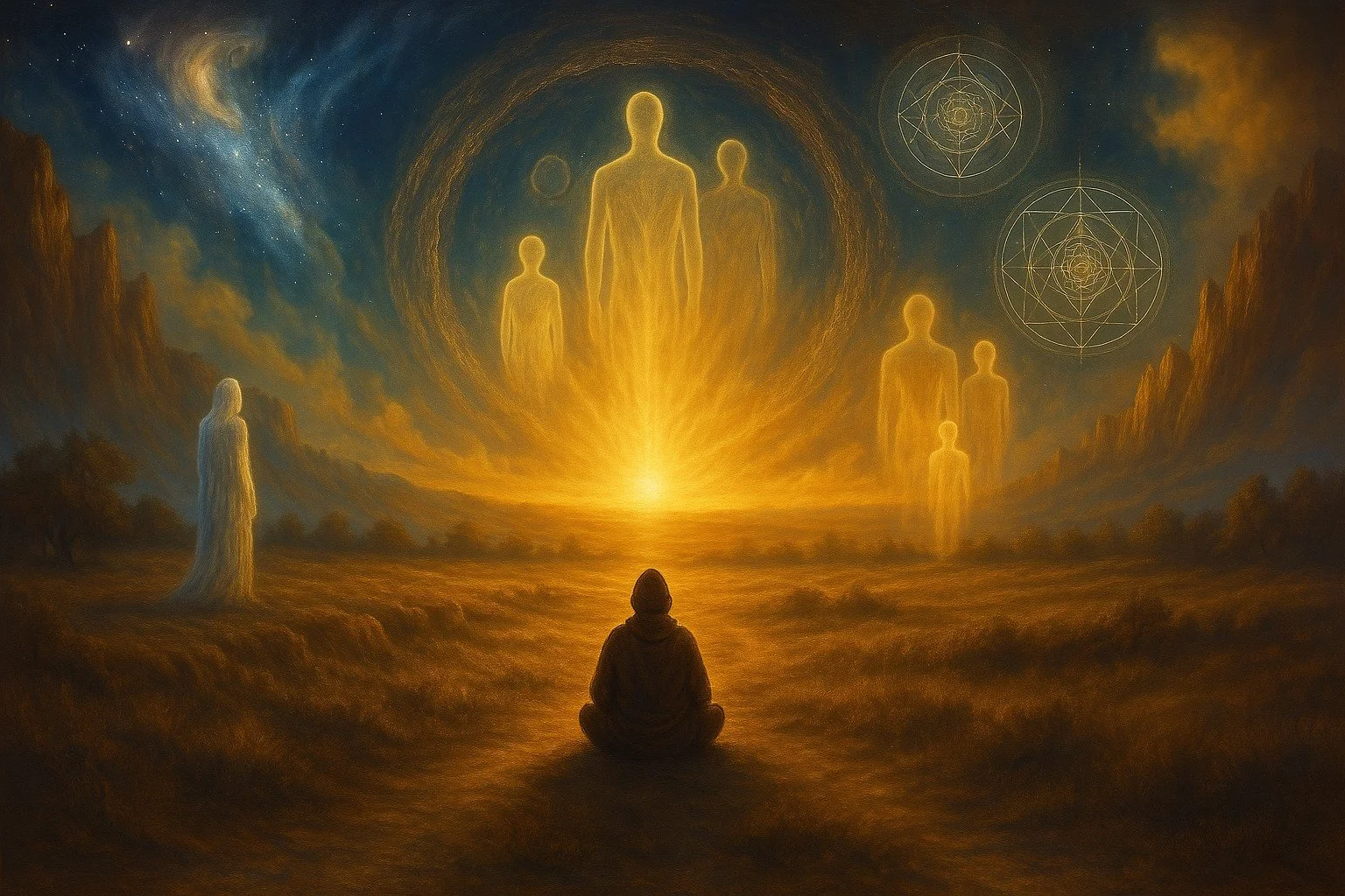 Original Medicine - A person sitting cross-legged on the ground, looking at glowing, translucent human figures and geometric symbols in a surreal, cosmic landscape with mountains, trees, and a starry sky.