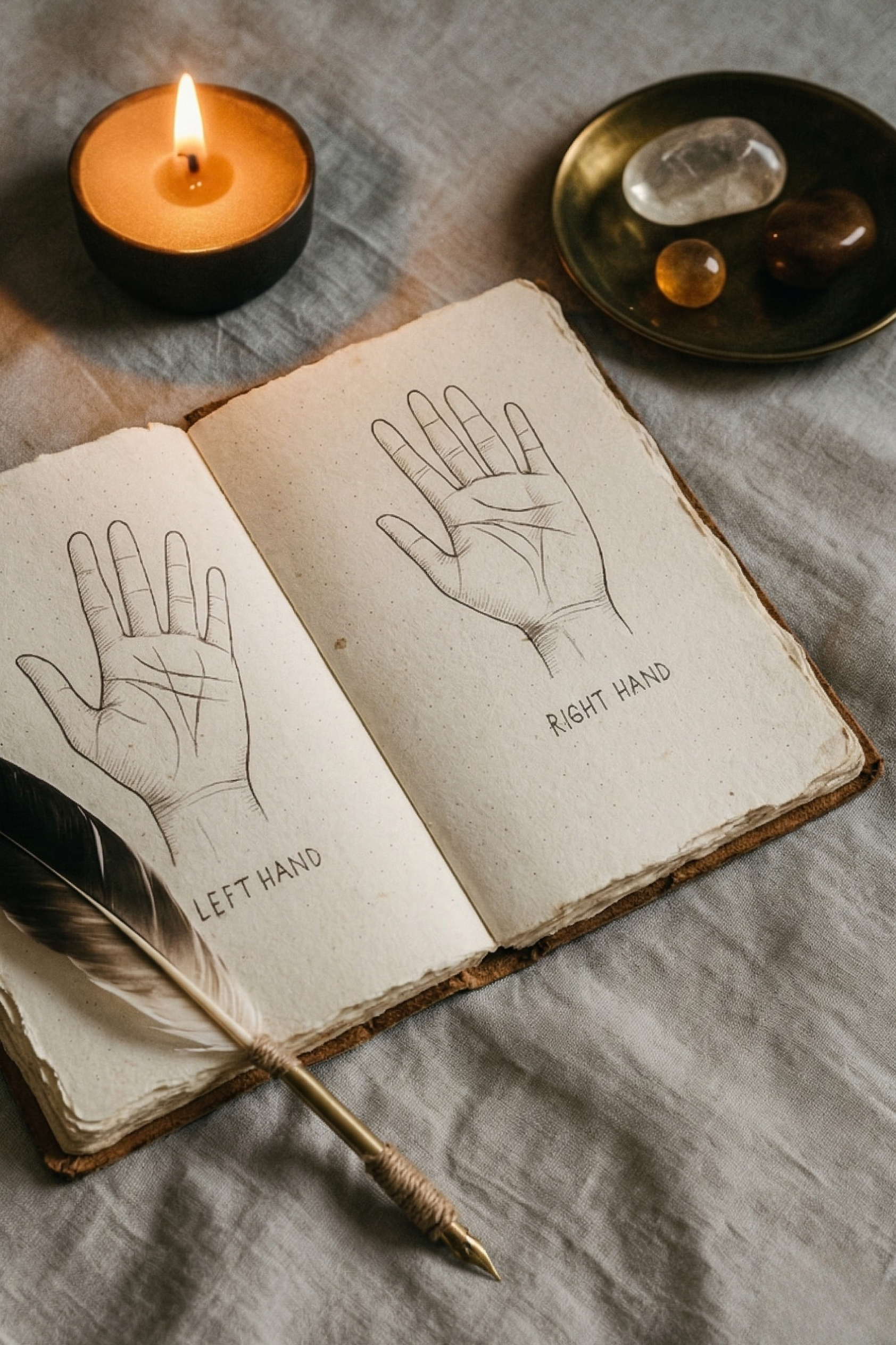 Open sketchbook displaying diagrams of left and right hands with labels. There's a feathered pen in front and a lit candle on the table. Also, a small dish with assorted stones or crystals.