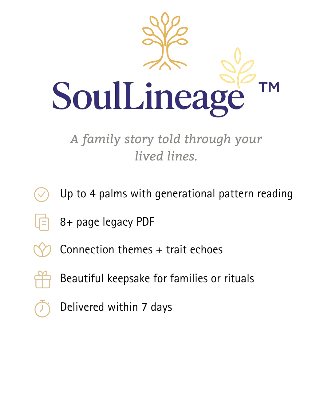Advertisement for SoulLineage, a family story service, featuring a logo with a tree and leaf motifs, with benefits listed including four generations' palms, a PDF guide, connection themes, a keepsake, and delivery within seven days.