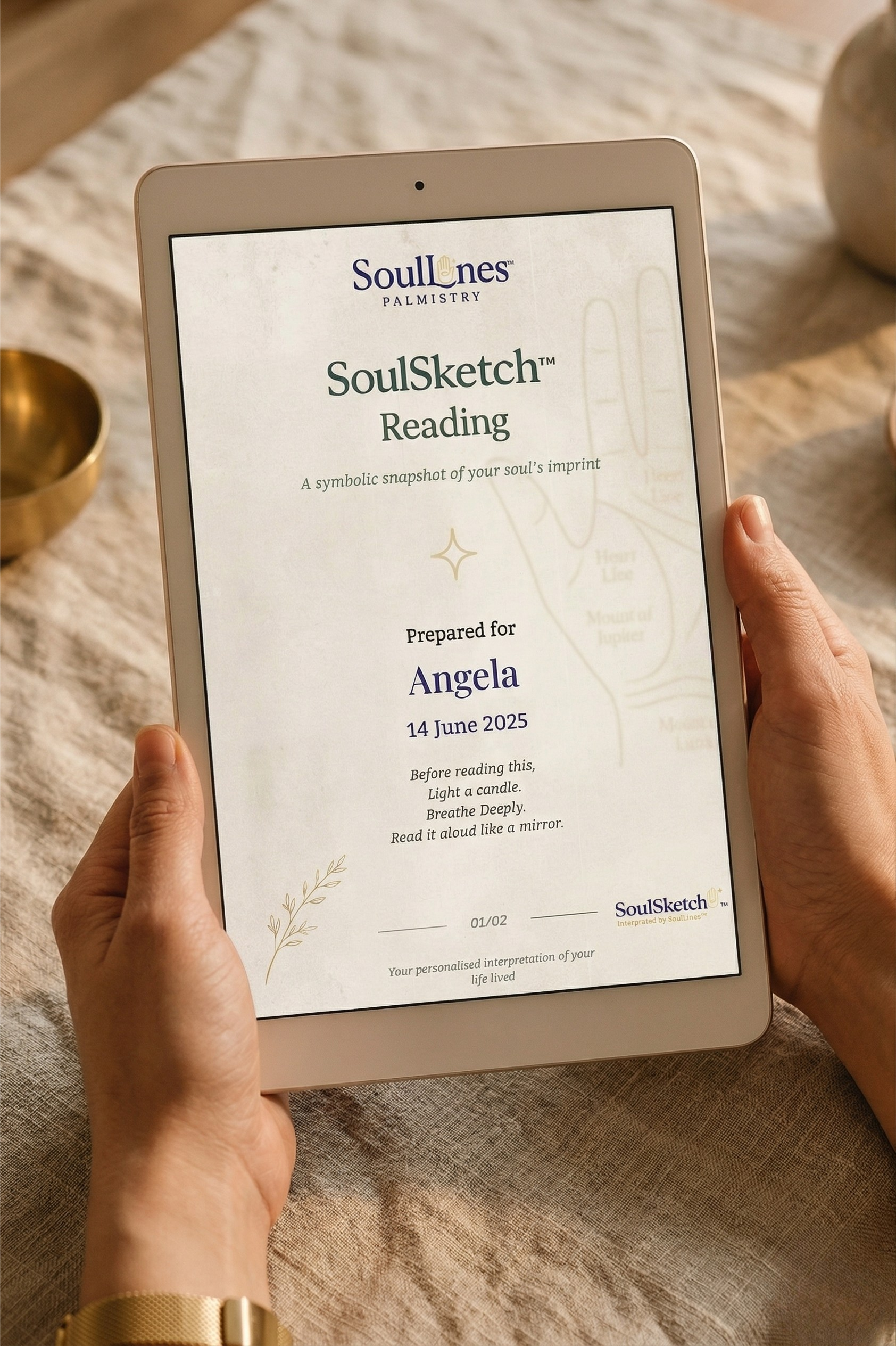 A person holding a tablet displaying a SoulLines Palimstry SoulSketch Reading certificate prepared for Angela, dated June 14, 2025, with instructions for reading and a decorative illustration.