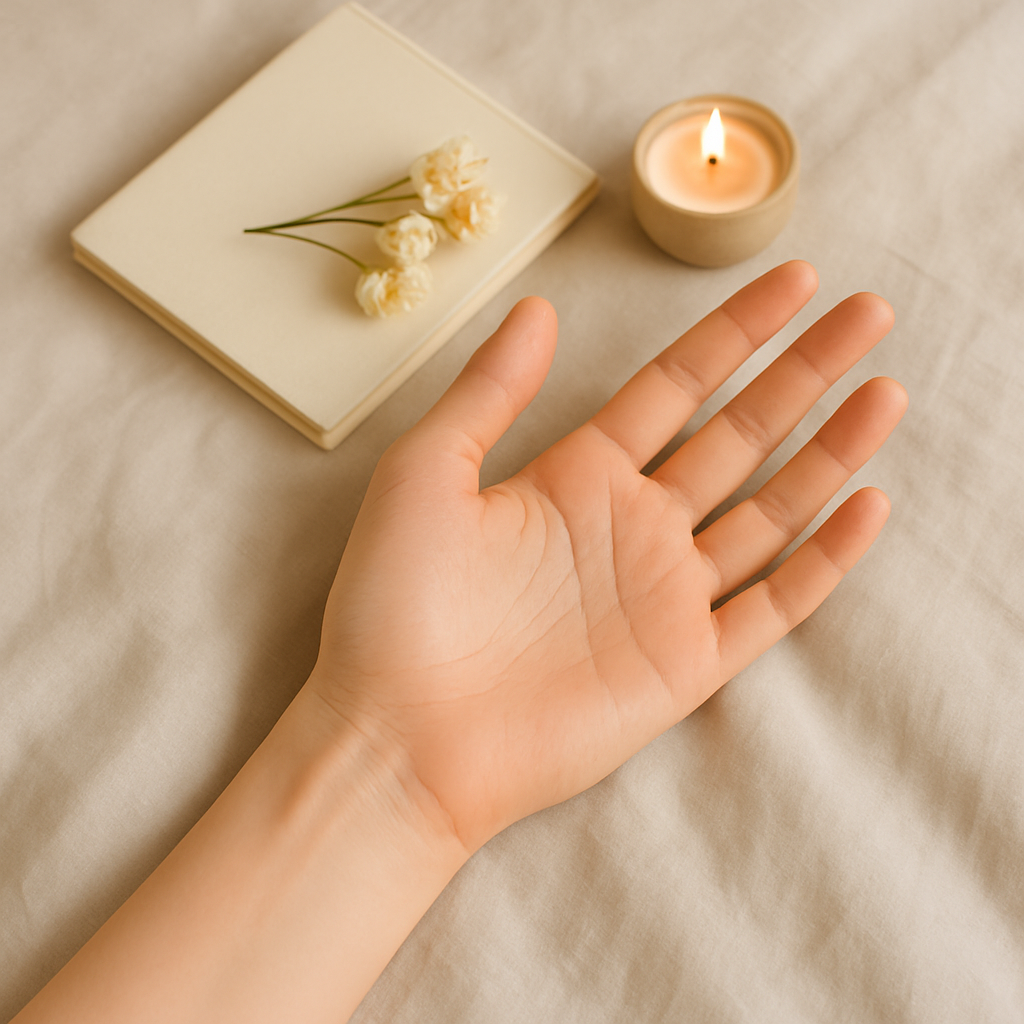 A person's hand resting on a soft surface, with a lit candle, a small notebook, and a sprig of white flowers nearby.