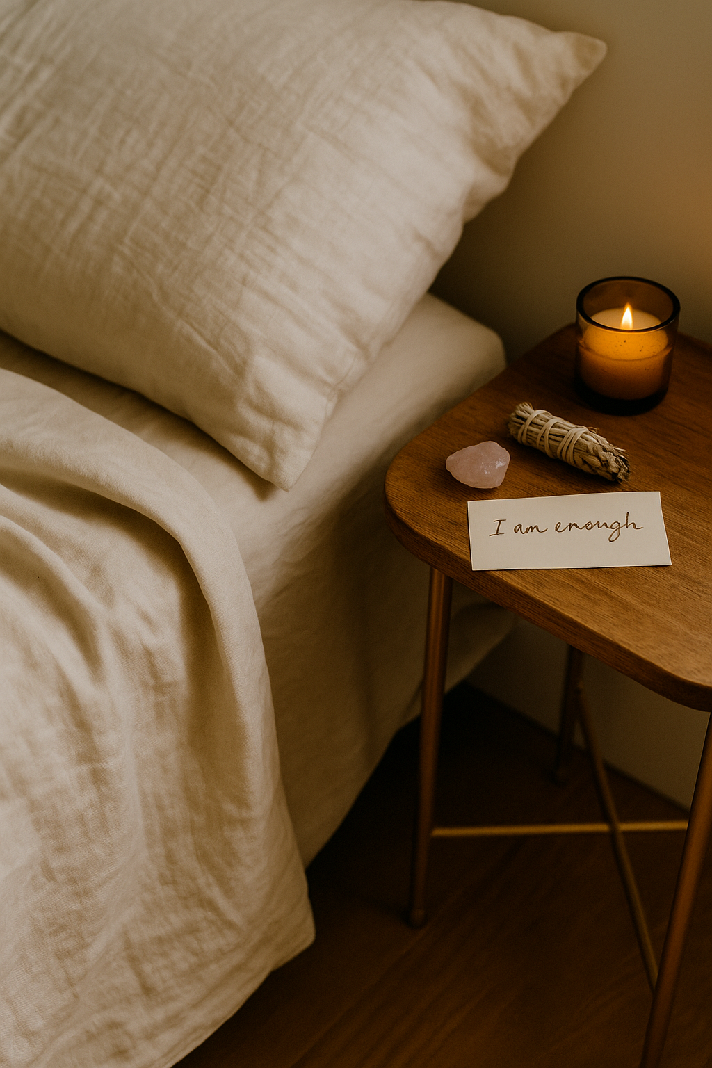 A cozy bedroom corner with a beige bed, cotton bedding, a wooden nightstand, a lit candle, a pink salt rock, a small bundle of herbs or sage, and a note with the words 'I am enough' written on it.