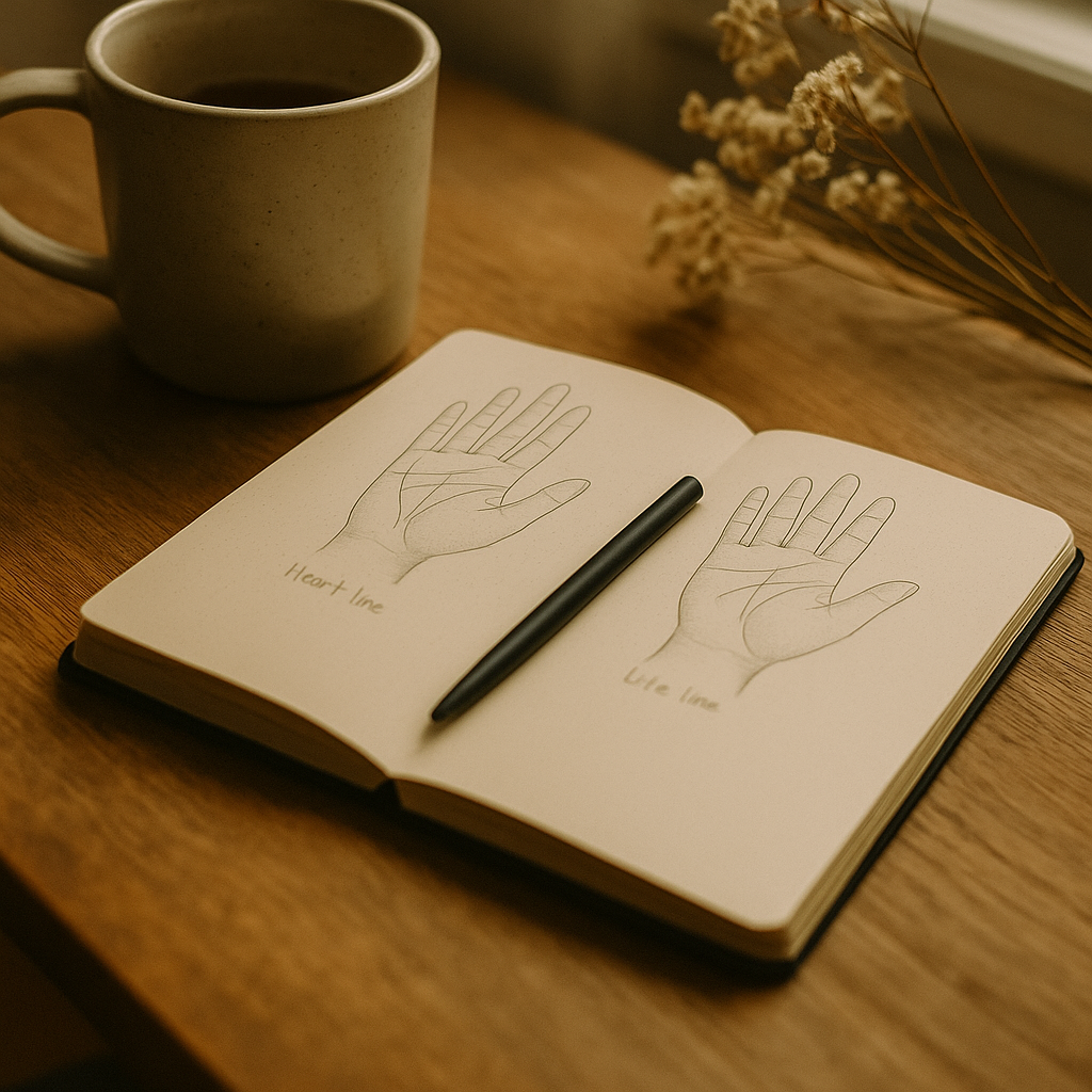 Open sketchbook displaying diagrams of a hand with lines labeled 'Heart line' and 'Life line,' a black pen, a mug of coffee, and dried flowers on a wooden table.